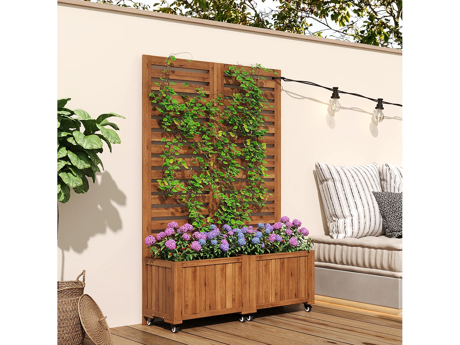 Jardinière avec treillis pour plantes grimpantes - 102.5 x 32 x 152.5 - avec roulettes pliables - bois - naturel
