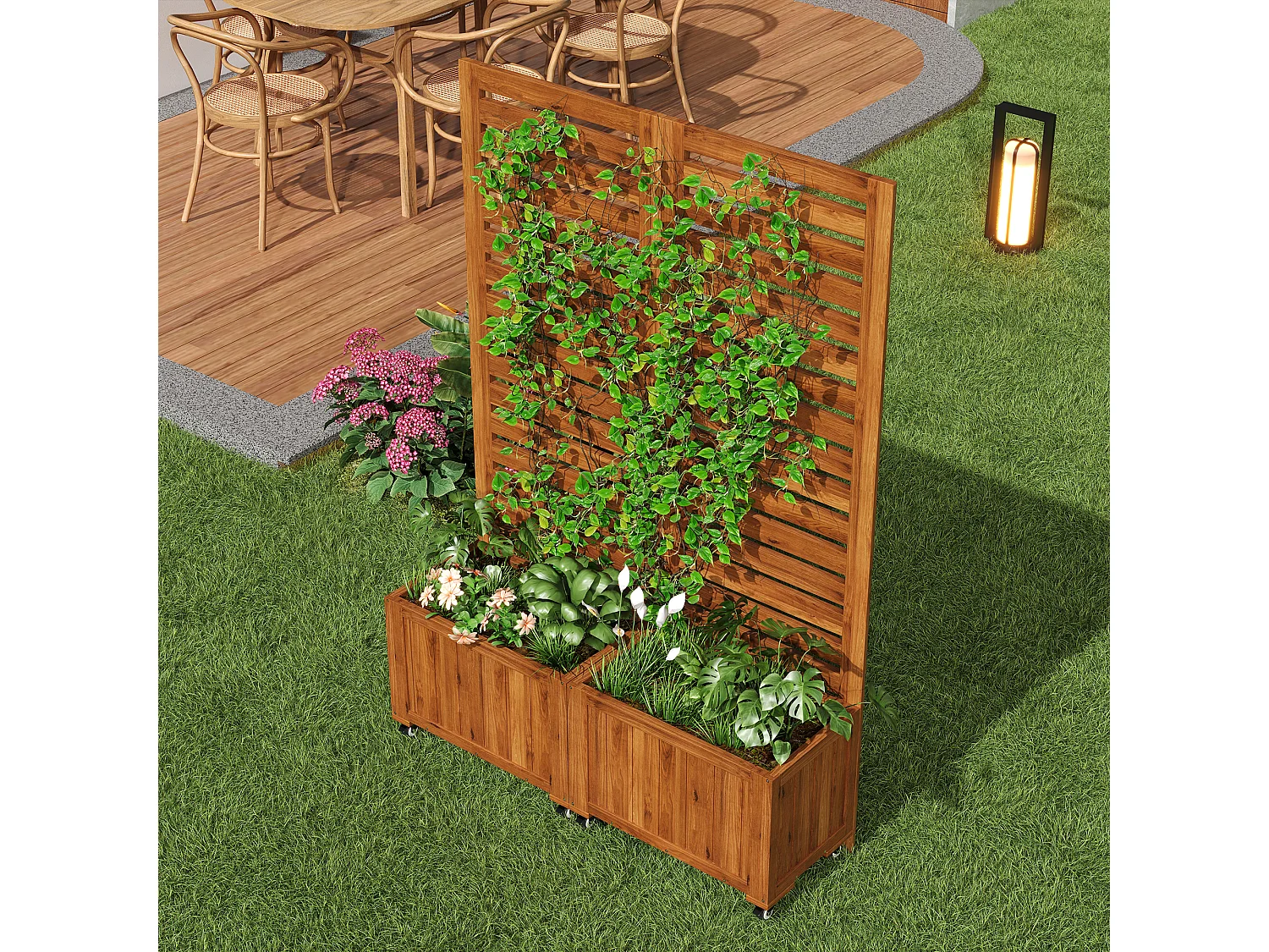 Jardinière avec treillis pour plantes grimpantes - 102.5 x 32 x 152.5 - avec roulettes pliables - bois - naturel