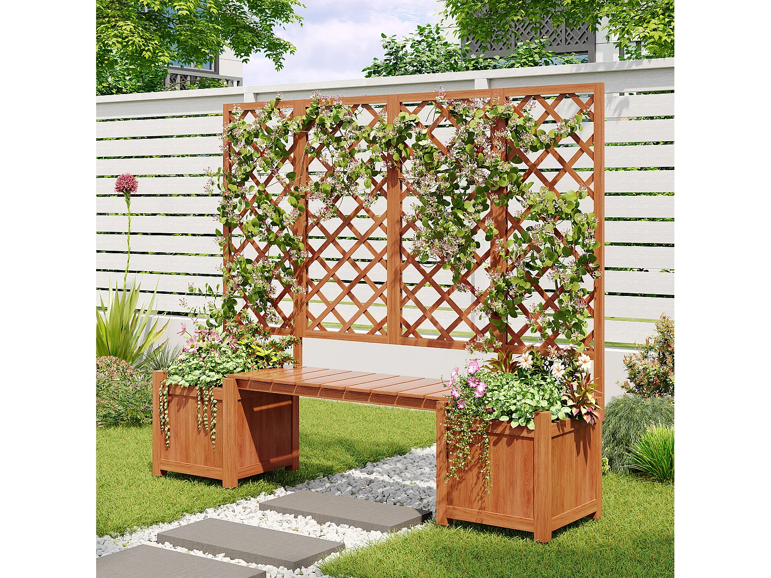 Conjunto de 2 floreiras sobre pés com treliça de madeira maciça + 1 banco - 169 x 42 x 145 cm - Castanho