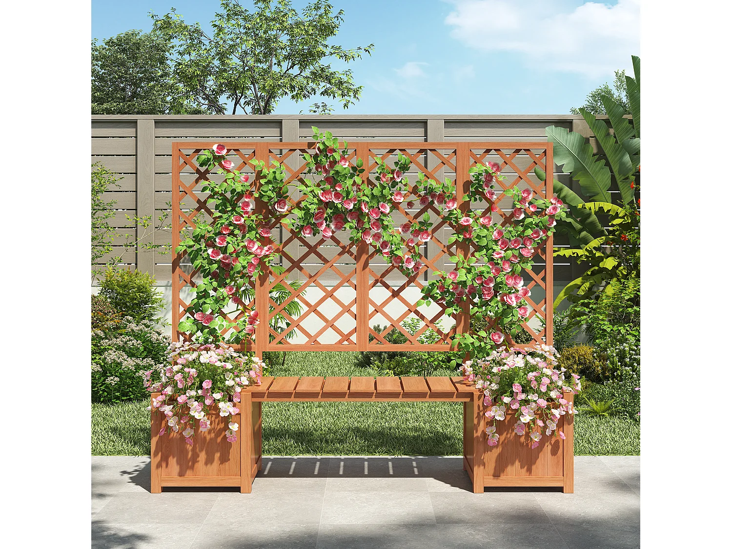 Conjunto de 2 floreiras sobre pés com treliça de madeira maciça + 1 banco - 169 x 42 x 145 cm - Castanho