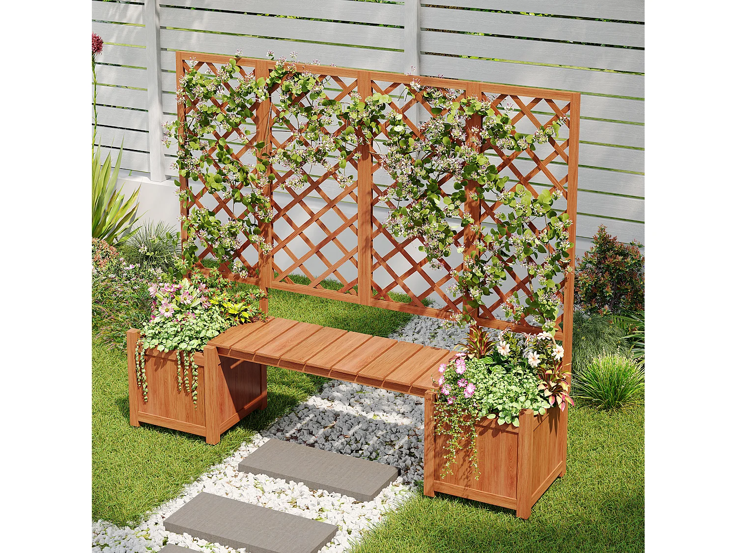 Conjunto de 2 floreiras sobre pés com treliça de madeira maciça + 1 banco - 169 x 42 x 145 cm - Castanho