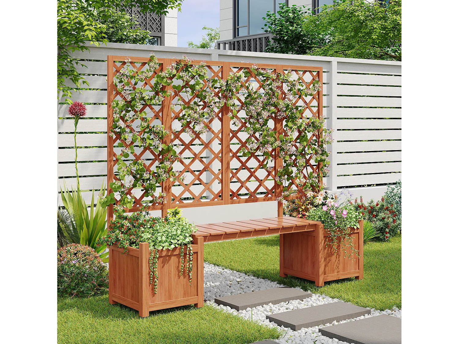 Conjunto de 2 floreiras sobre pés com treliça de madeira maciça + 1 banco - 169 x 42 x 145 cm - Castanho