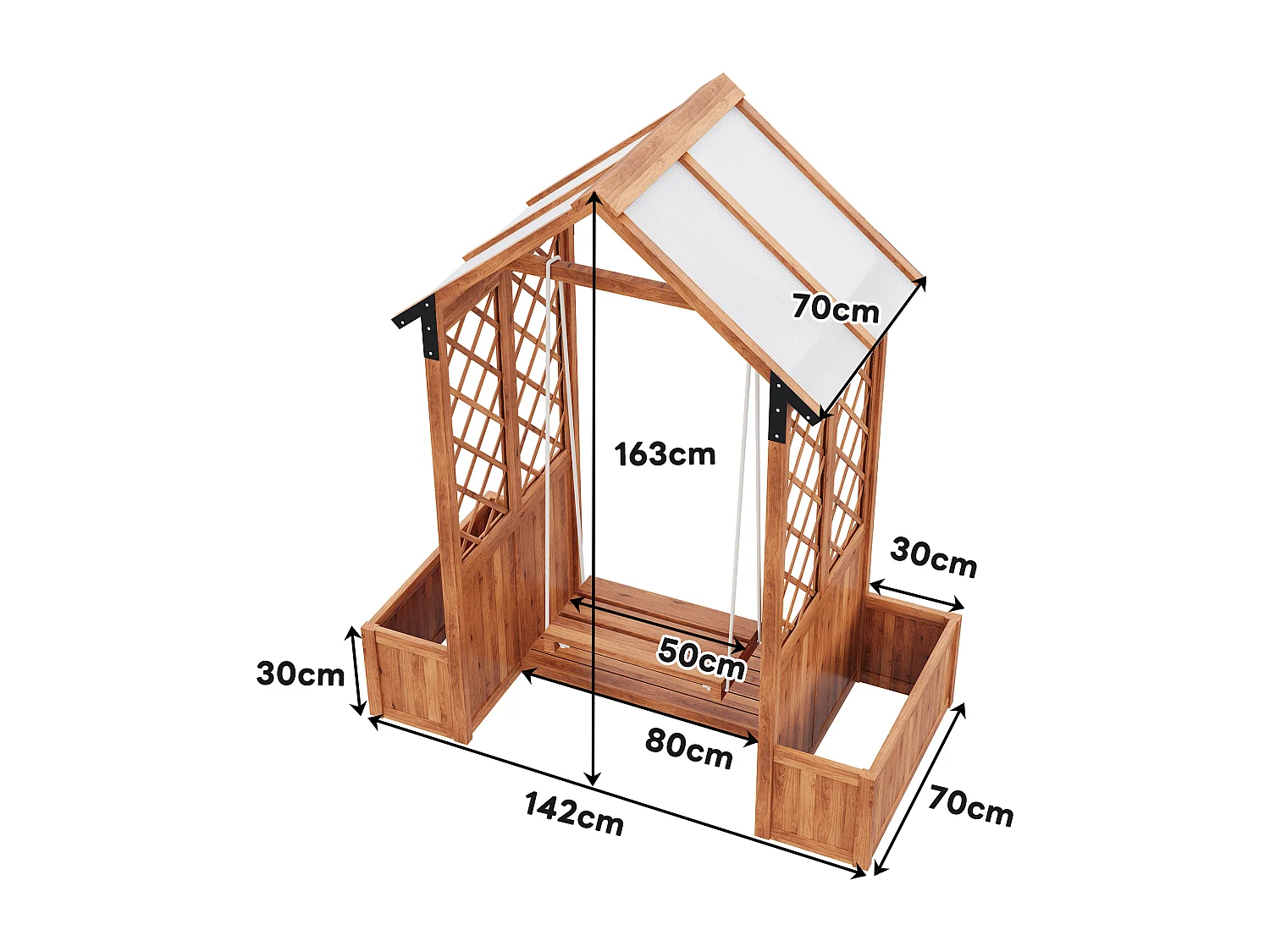 Massief houten tuinschommel met dak + set van 2 plantenbakken voor klimplanten - 142 x 70 x 163 cm - Bruin