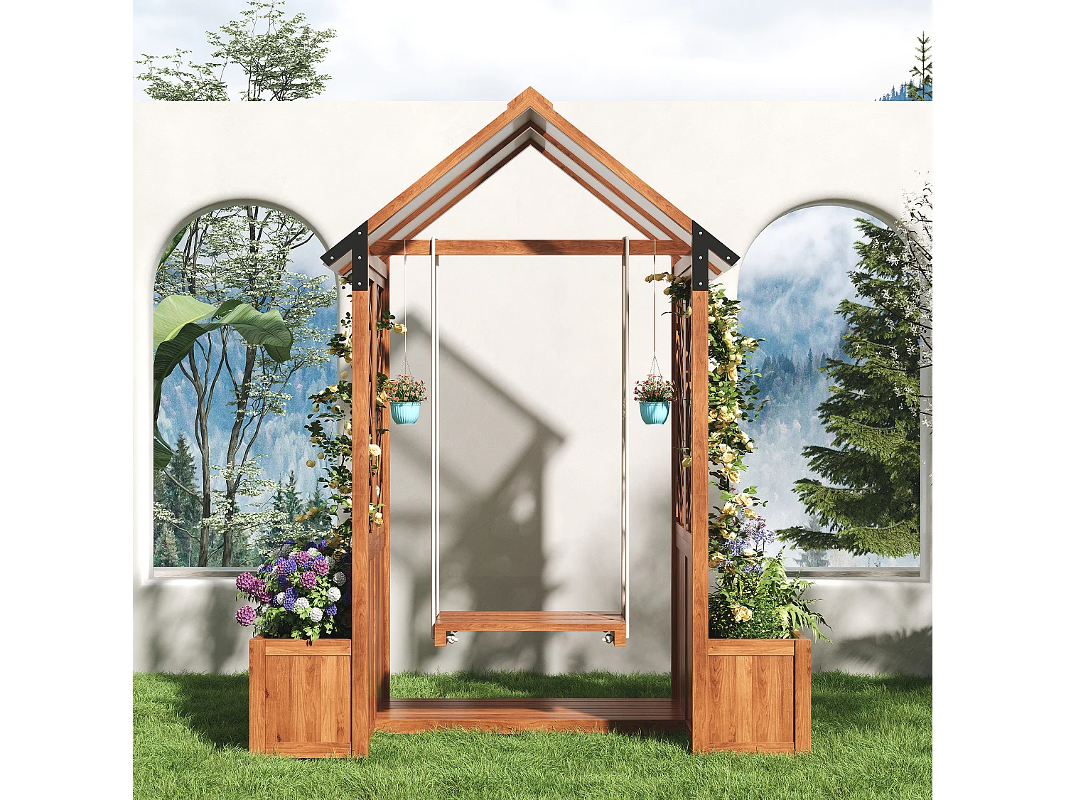 Massief houten tuinschommel met dak + set van 2 plantenbakken voor klimplanten - 142 x 70 x 163 cm - Bruin