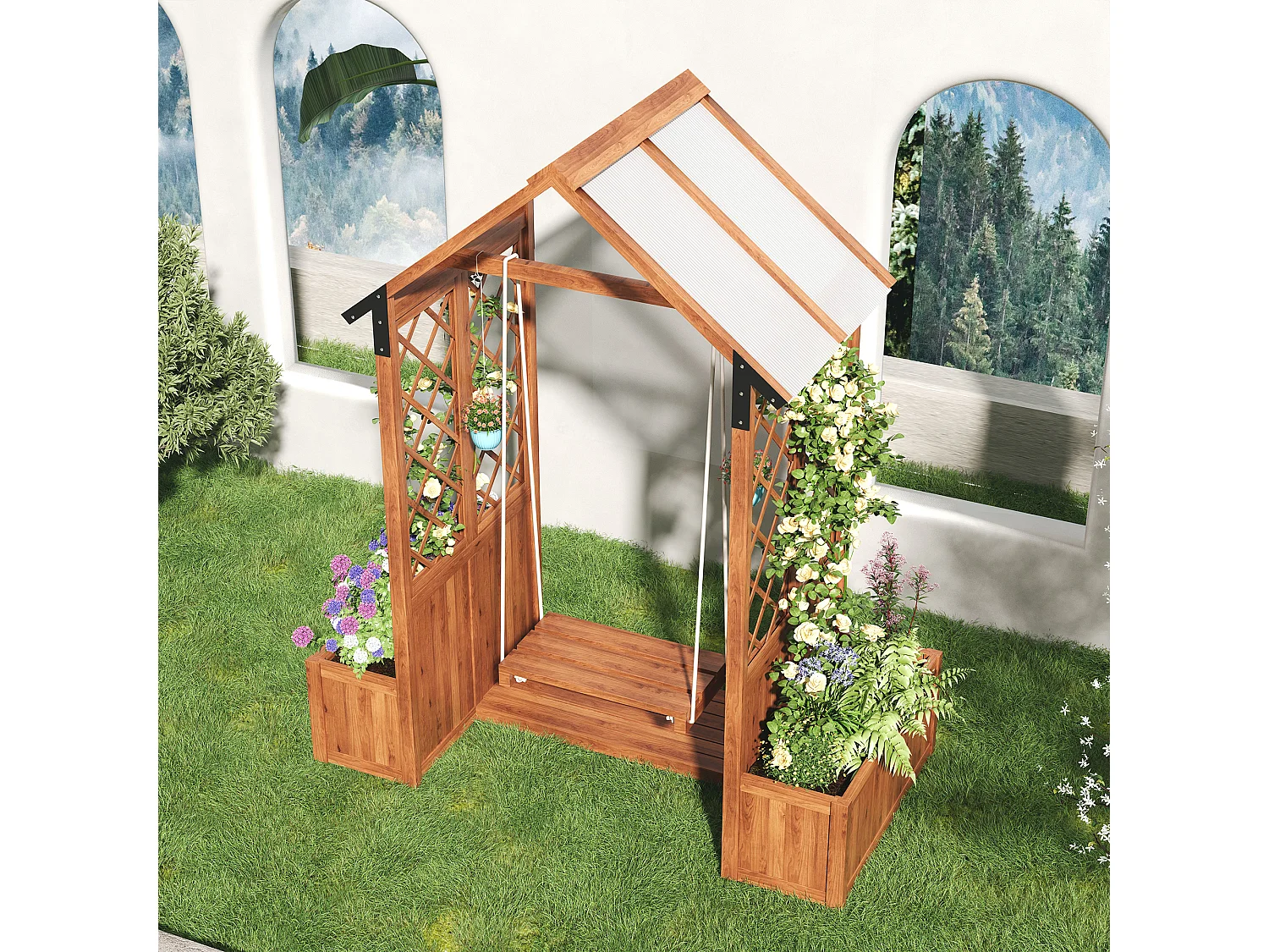 Massief houten tuinschommel met dak + set van 2 plantenbakken voor klimplanten - 142 x 70 x 163 cm - Bruin