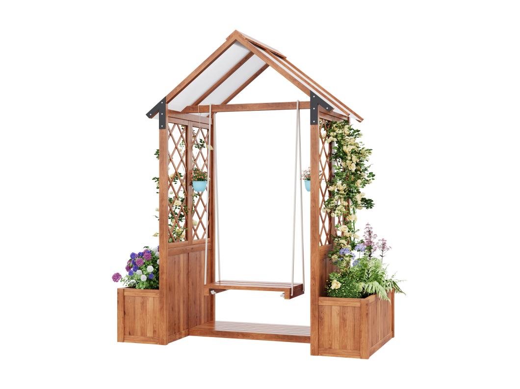 Massief houten tuinschommel met dak + set van 2 plantenbakken voor klimplanten - 142 x 70 x 163 cm - Bruin