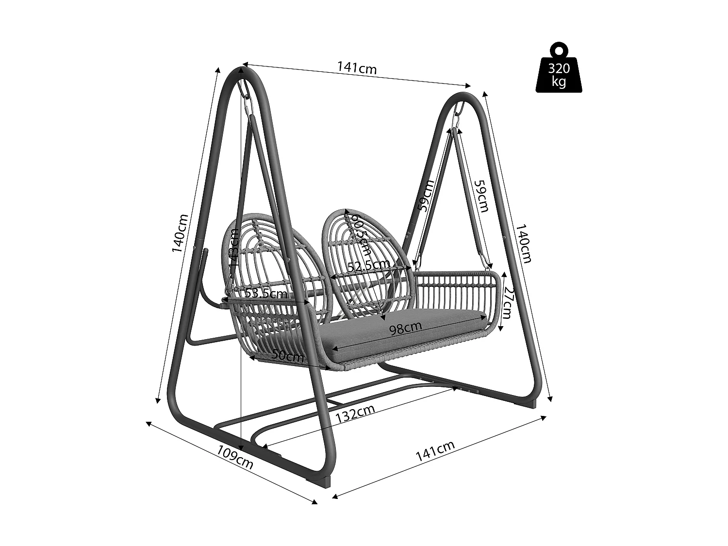 Balanço de jardim de vime PE de 2 lugares, balanço de jardim, para uso externo, 141 x 109 x 143 cm - Cinza escuro