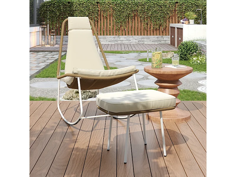 Metalen en gevlochten touw tuinschommelstoel - met voetenbankje - 103 x 80 x 106,5 cm - Beige en bruin