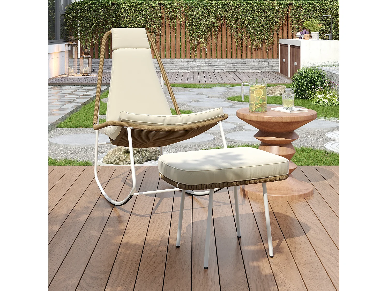 Chaise à bascule de jardin en métal et corde tissée - avec repose-pièds - 103 x 80 x 106.5 cm - Beige et marron