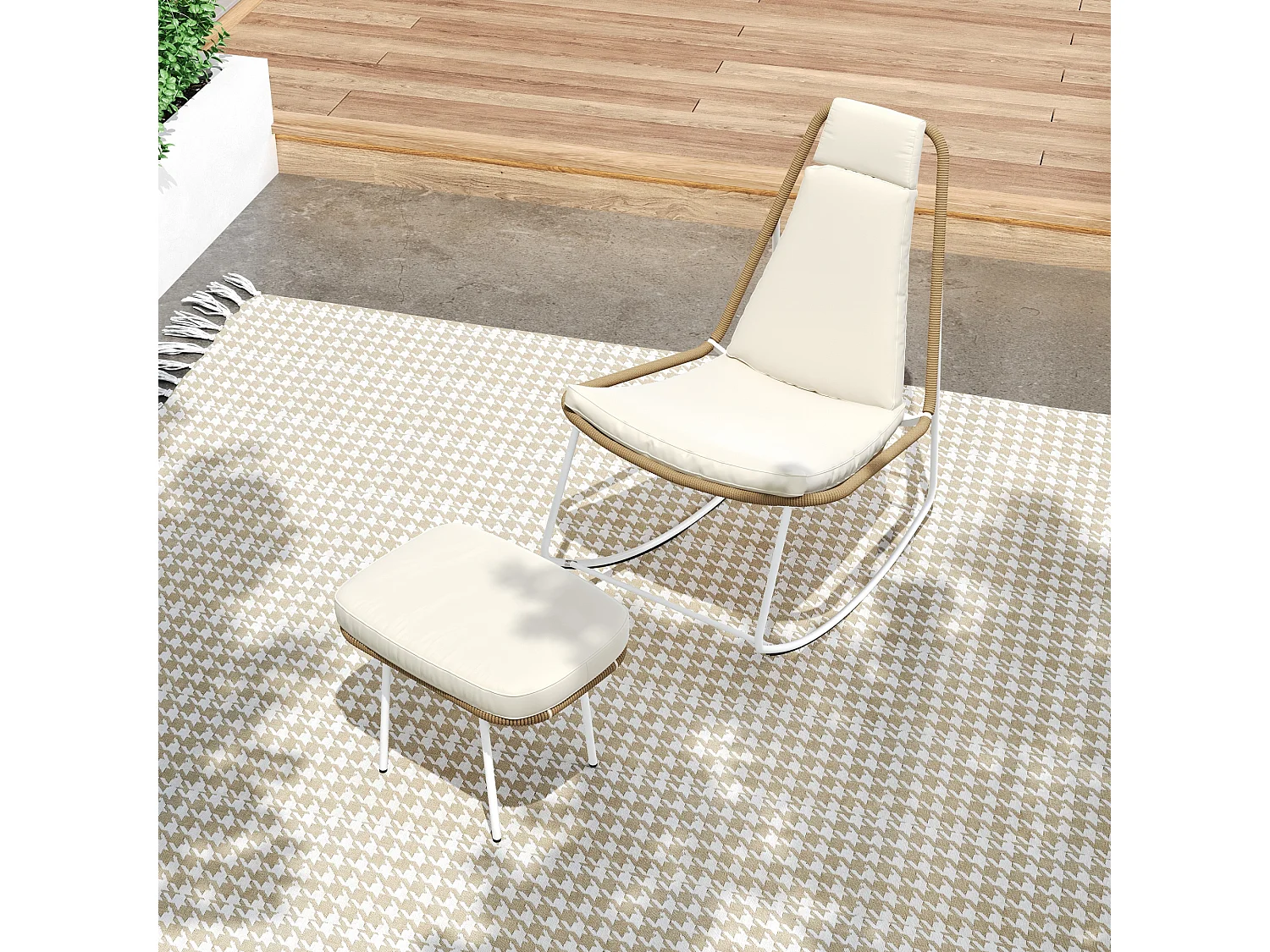 Chaise à bascule de jardin en métal et corde tissée - avec repose-pièds - 103 x 80 x 106.5 cm - Beige et marron