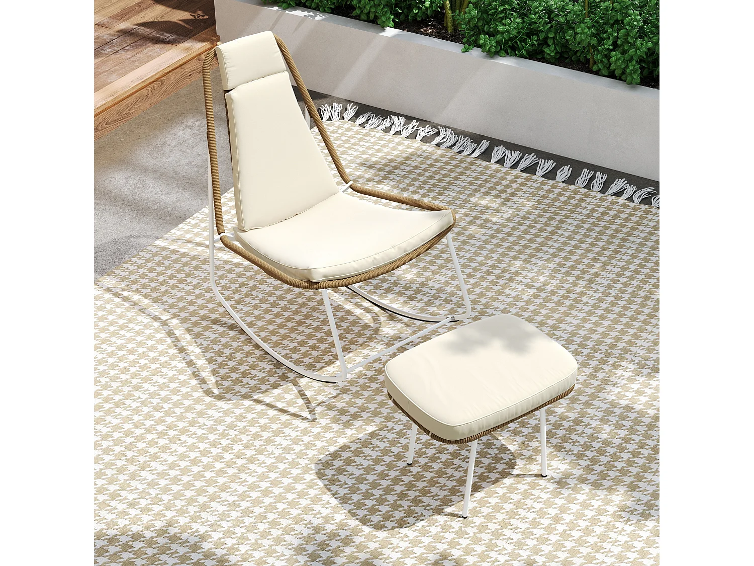 Chaise à bascule de jardin en métal et corde tissée - avec repose-pièds - 103 x 80 x 106.5 cm - Beige et marron
