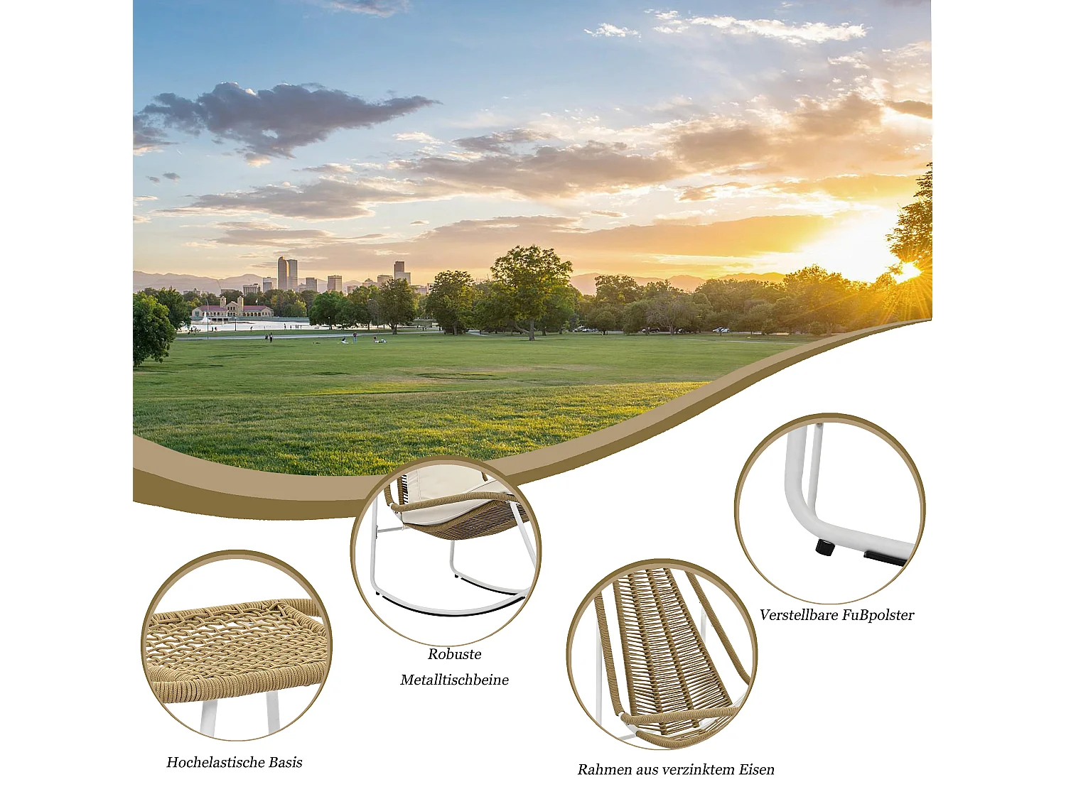 Chaise à bascule de jardin en métal et corde tissée - avec repose-pièds - 103 x 80 x 106.5 cm - Beige et marron