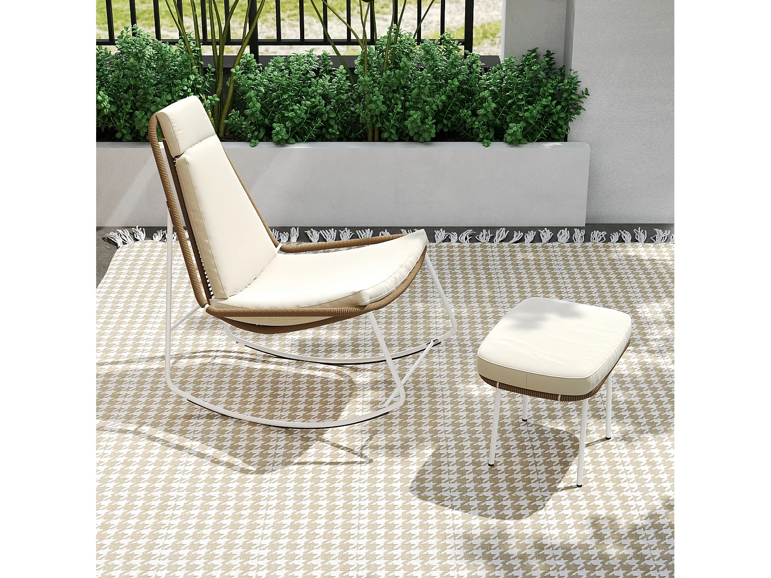 Chaise à bascule de jardin en métal et corde tissée - avec repose-pièds - 103 x 80 x 106.5 cm - Beige et marron