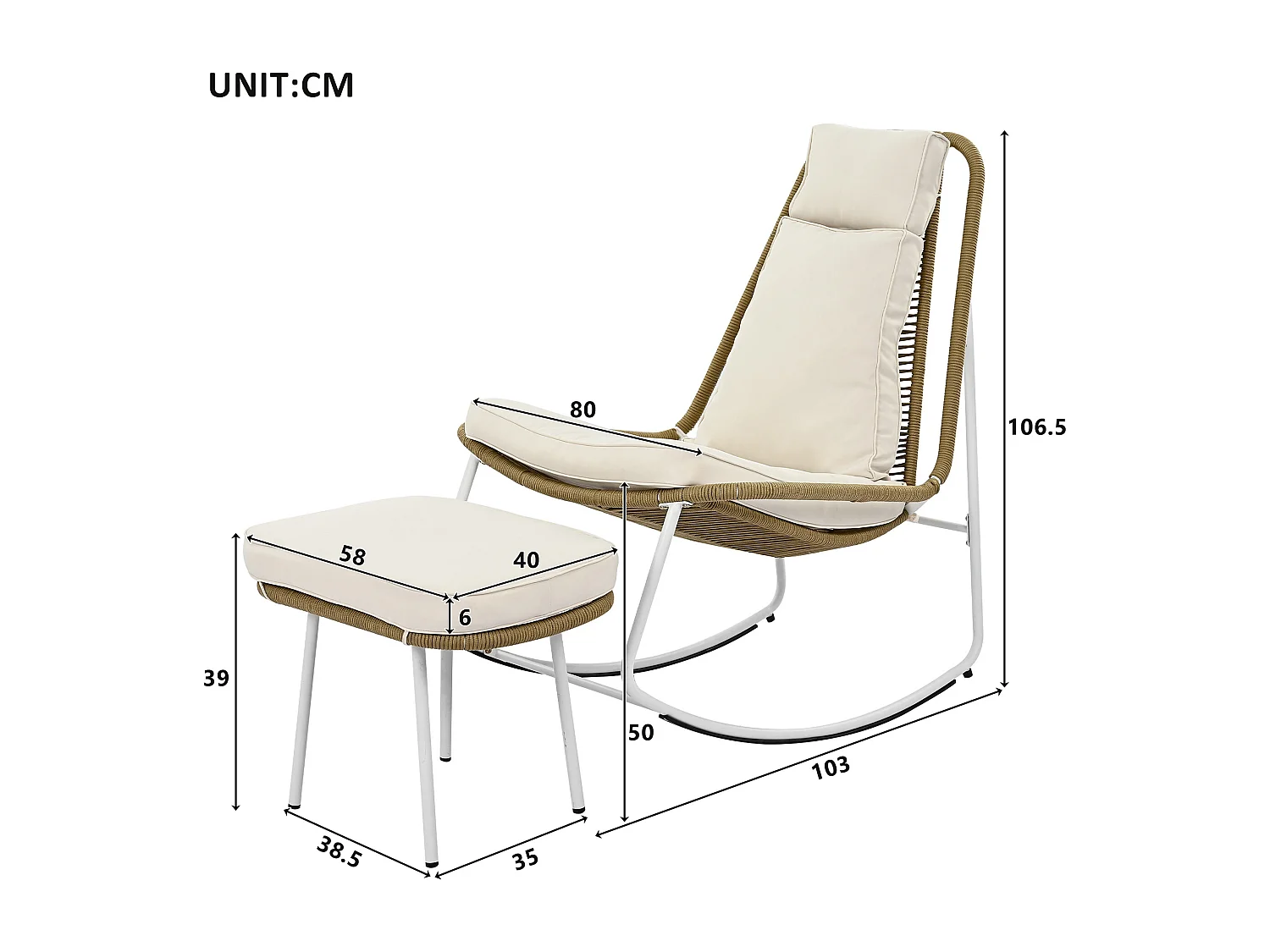 Chaise à bascule de jardin en métal et corde tissée - avec repose-pièds - 103 x 80 x 106.5 cm - Beige et marron