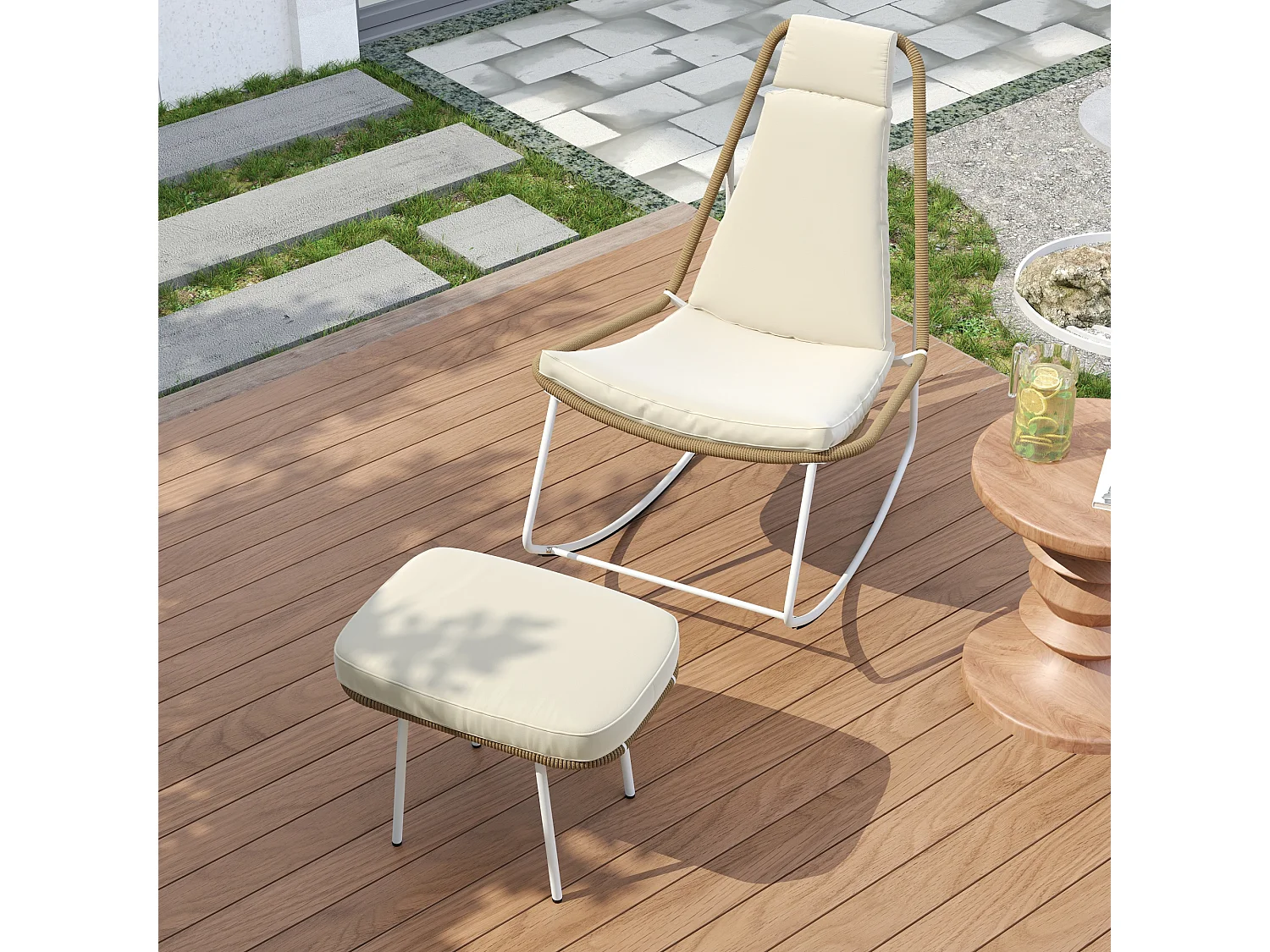 Chaise à bascule de jardin en métal et corde tissée - avec repose-pièds - 103 x 80 x 106.5 cm - Beige et marron