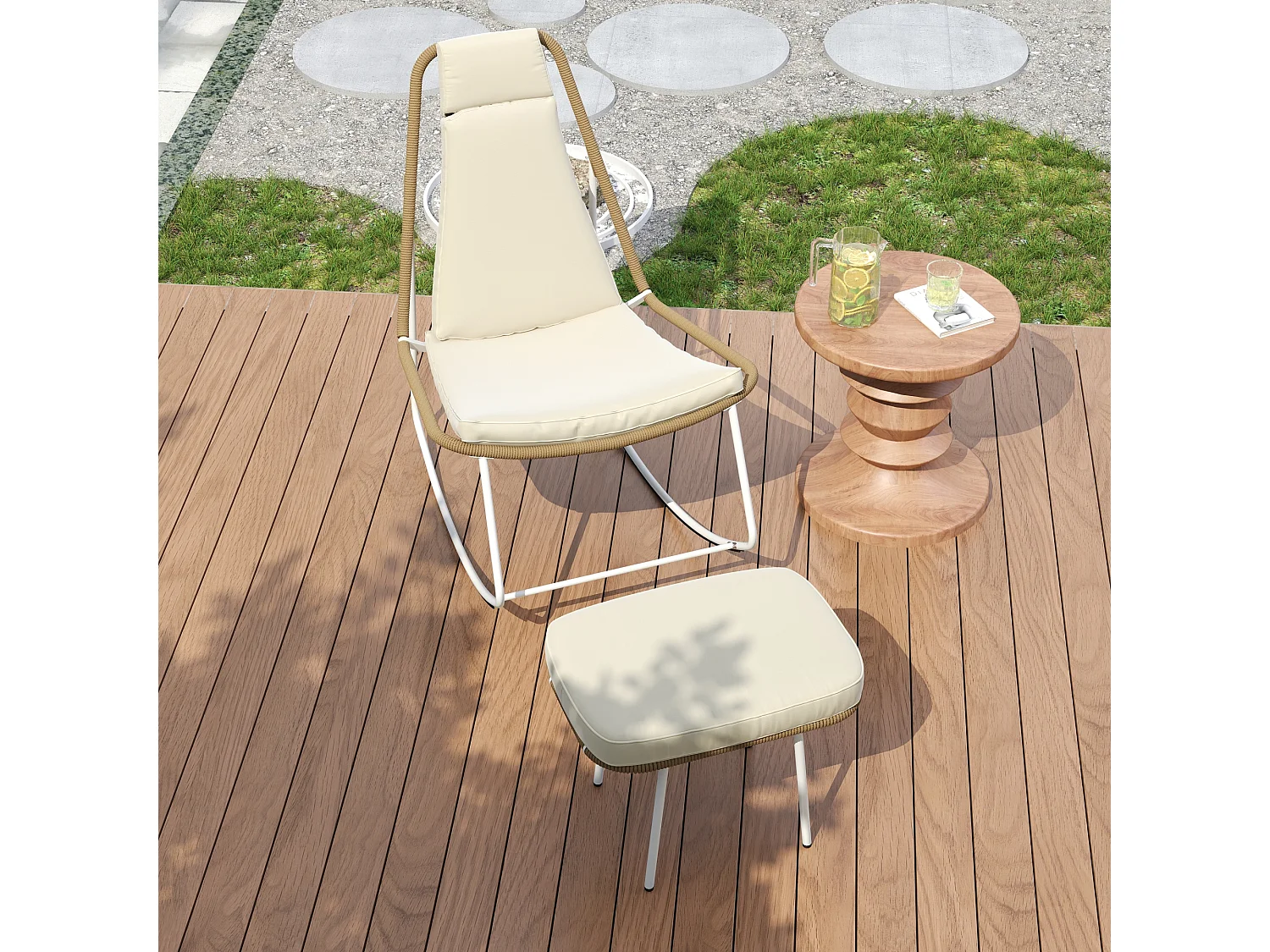 Chaise à bascule de jardin en métal et corde tissée - avec repose-pièds - 103 x 80 x 106.5 cm - Beige et marron