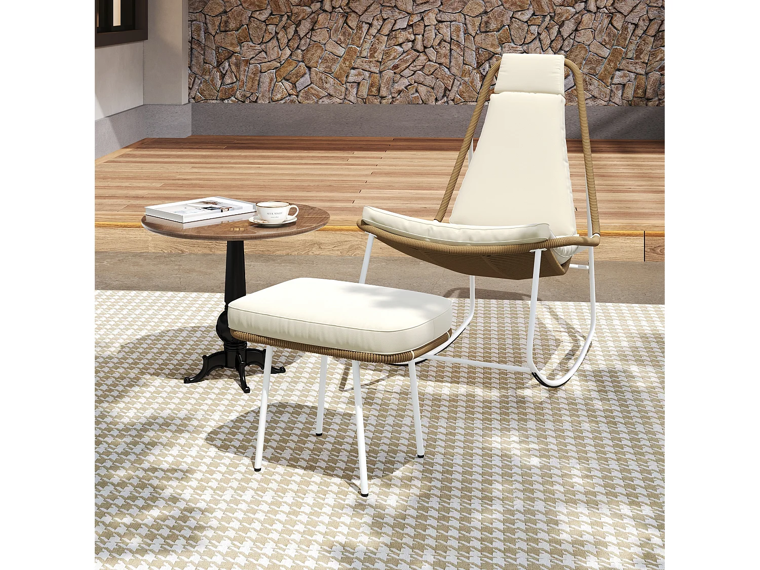 Chaise à bascule de jardin en métal et corde tissée - avec repose-pièds - 103 x 80 x 106.5 cm - Beige et marron