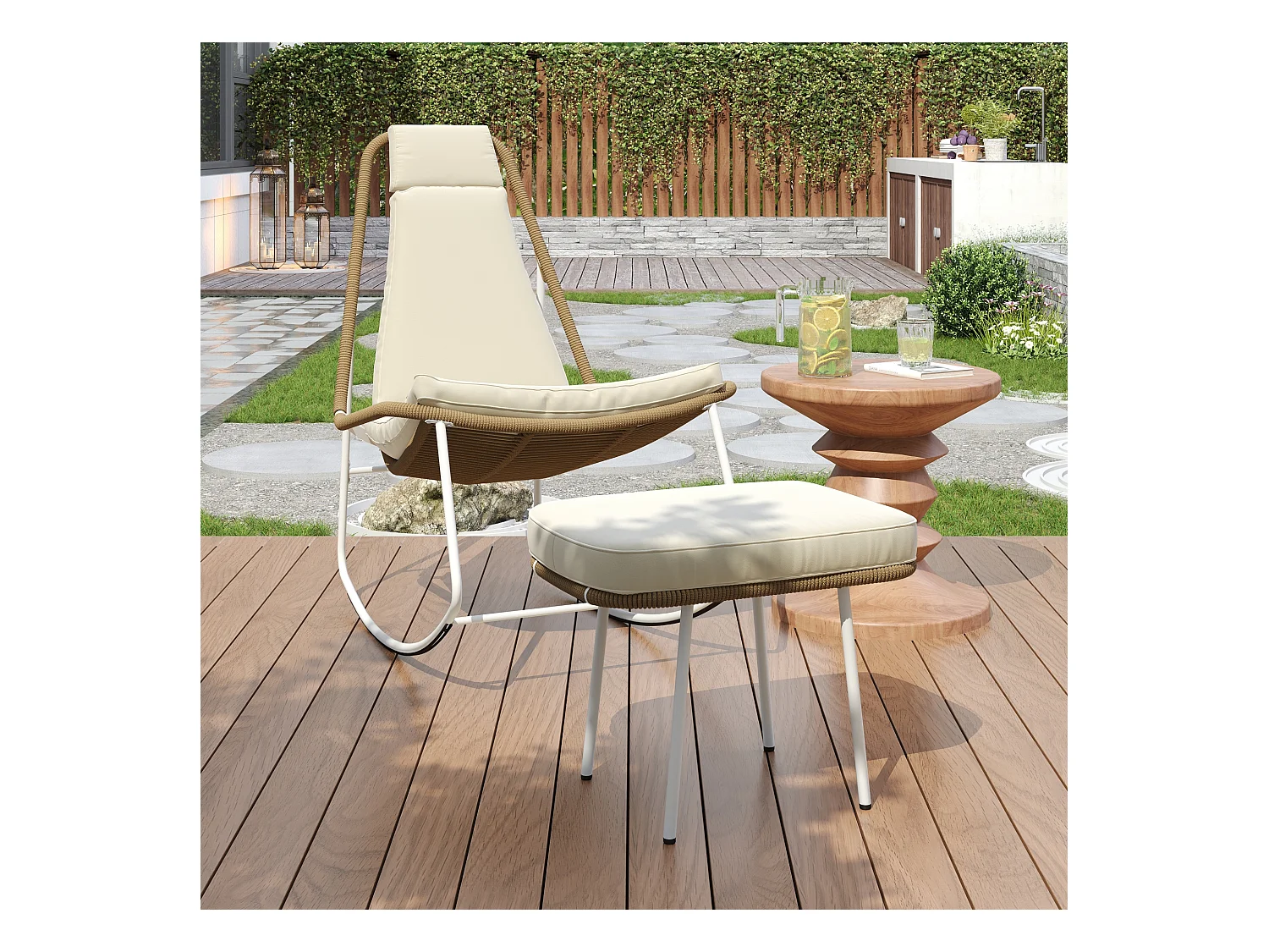 Sedia a dondolo da giardino in metallo e corda intrecciata - con poggiapiedi - 103 x 80 x 106,5 cm - Beige e marrone