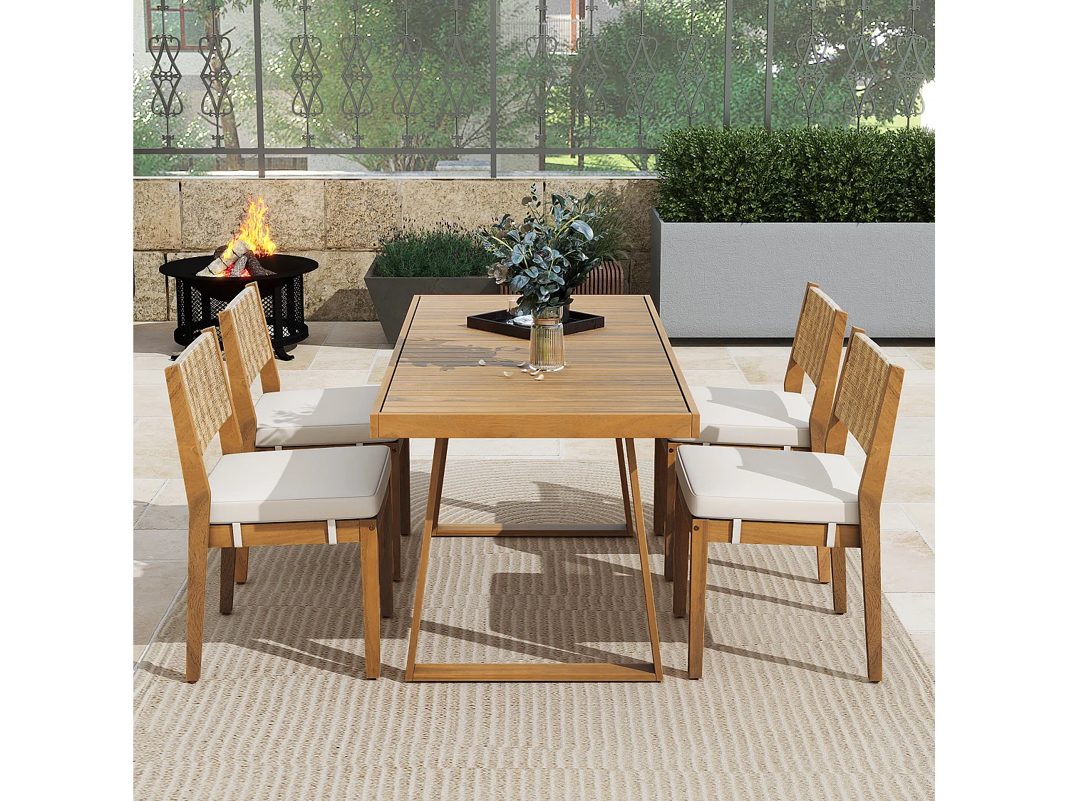 Ensemble table à manger et 4 chaises de jardin - Bois d'acacia et dossier en rotin PE - Naturel + blanc crème