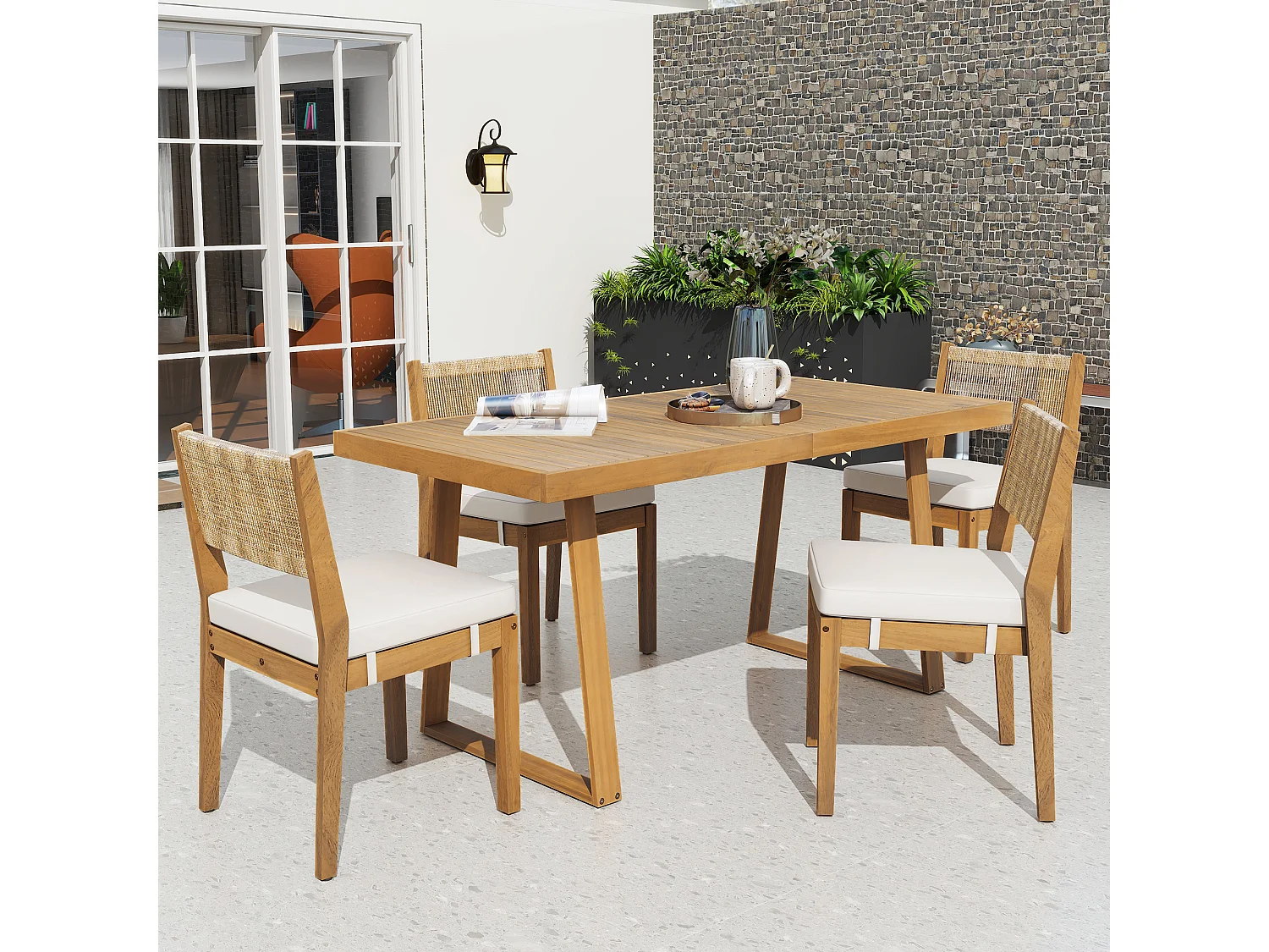 Ensemble table à manger et 4 chaises de jardin - Bois d'acacia et dossier en rotin PE - Naturel + blanc crème