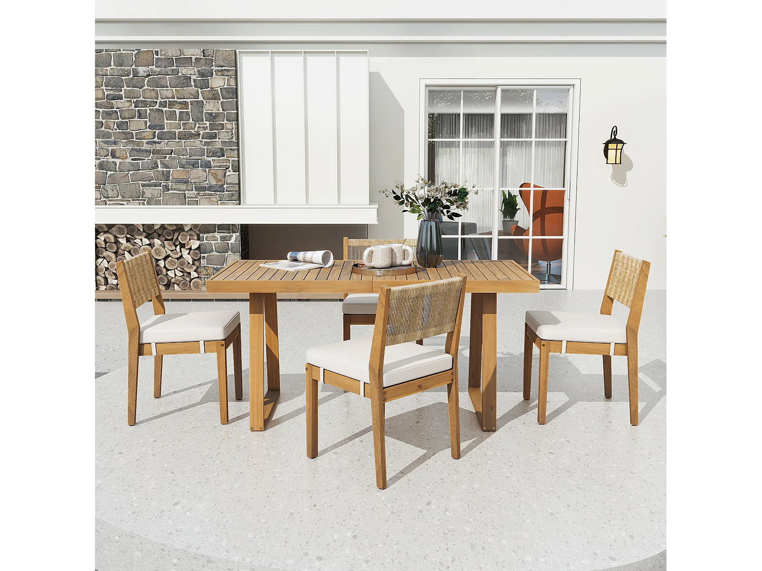 Ensemble table à manger et 4 chaises de jardin - Bois d'acacia et dossier en rotin PE - Naturel + blanc crème