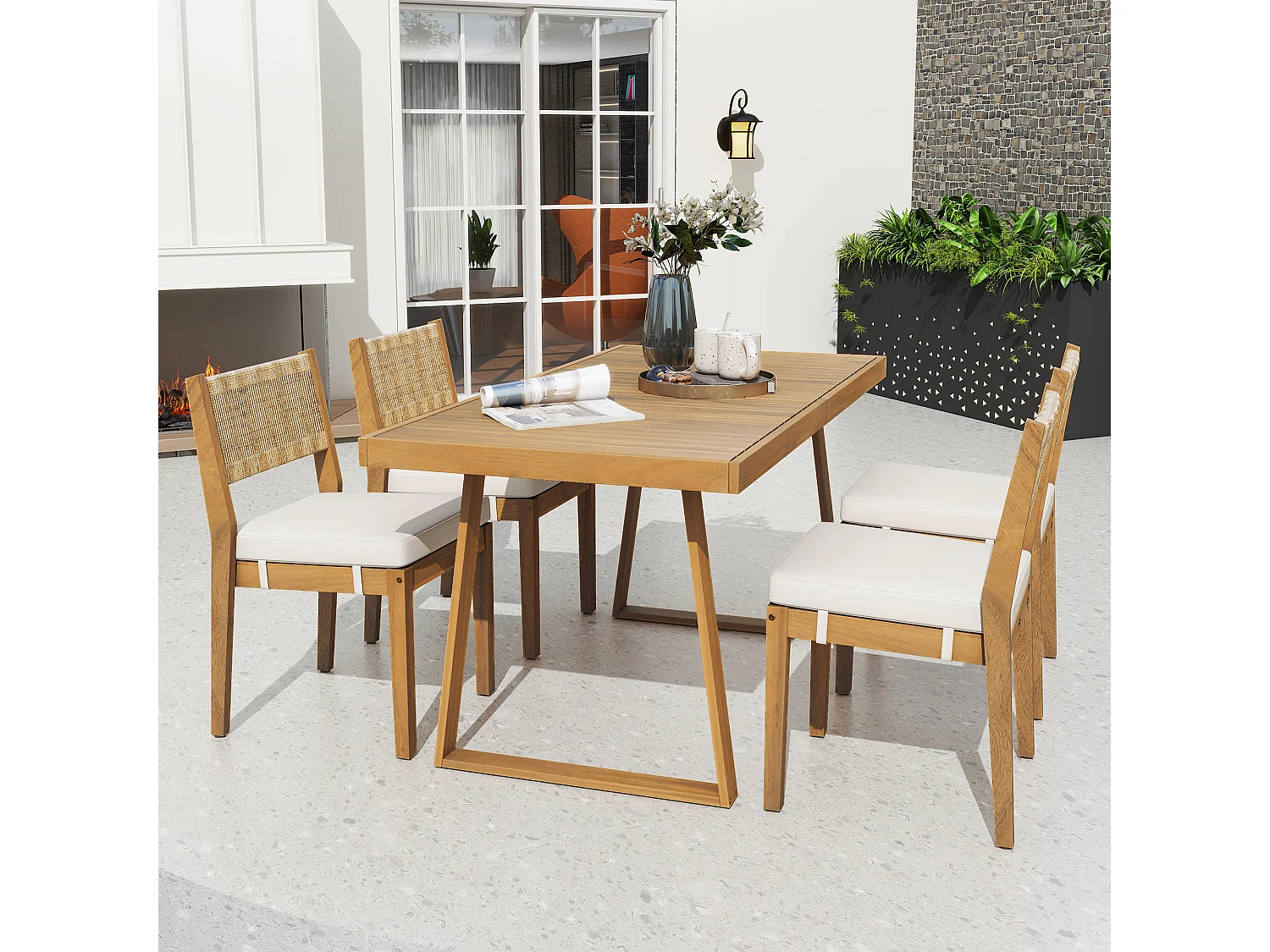 Ensemble table à manger et 4 chaises de jardin - Bois d'acacia et dossier en rotin PE - Naturel + blanc crème