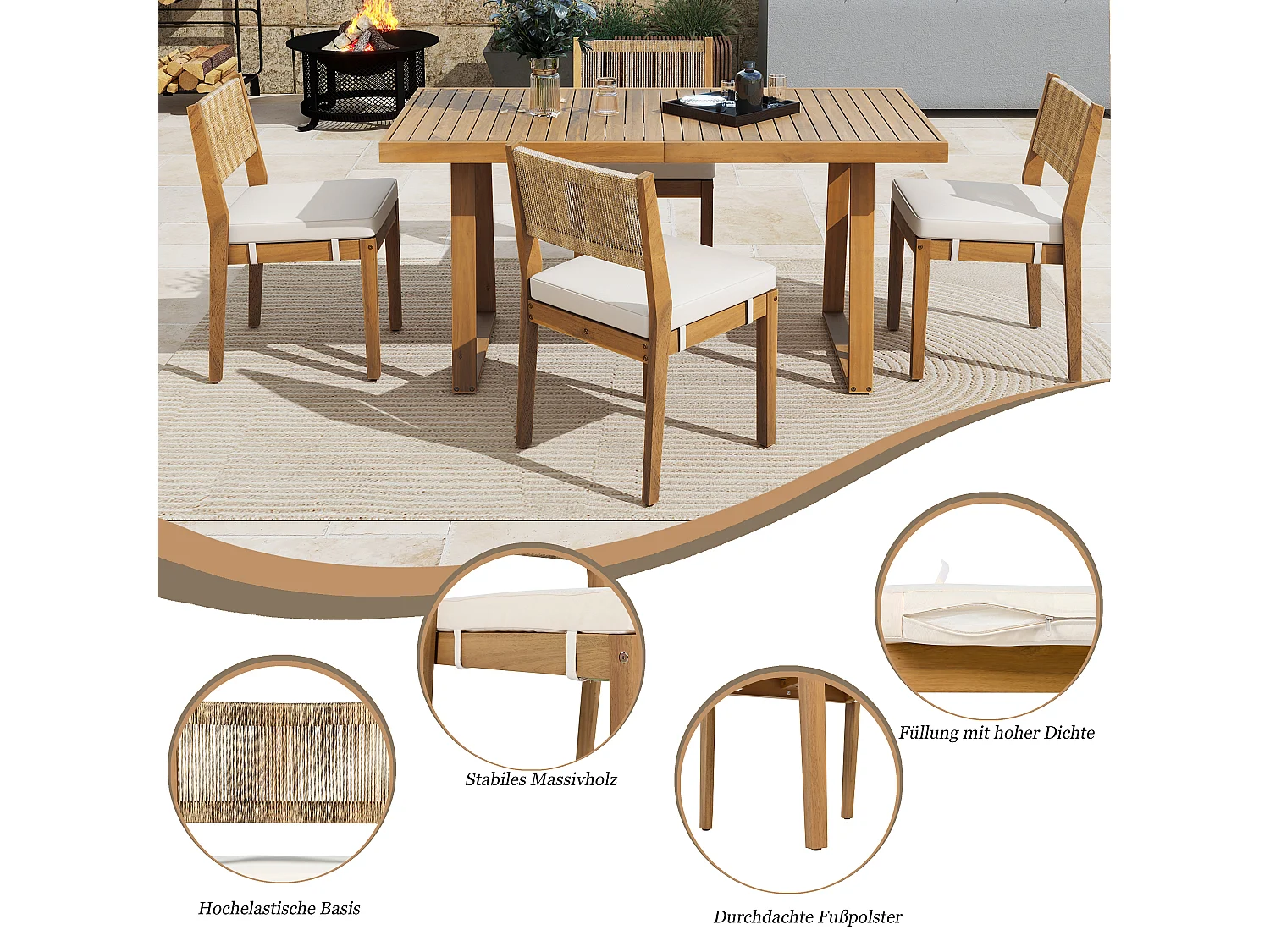 Ensemble table à manger et 4 chaises de jardin - Bois d'acacia et dossier en rotin PE - Naturel + blanc crème