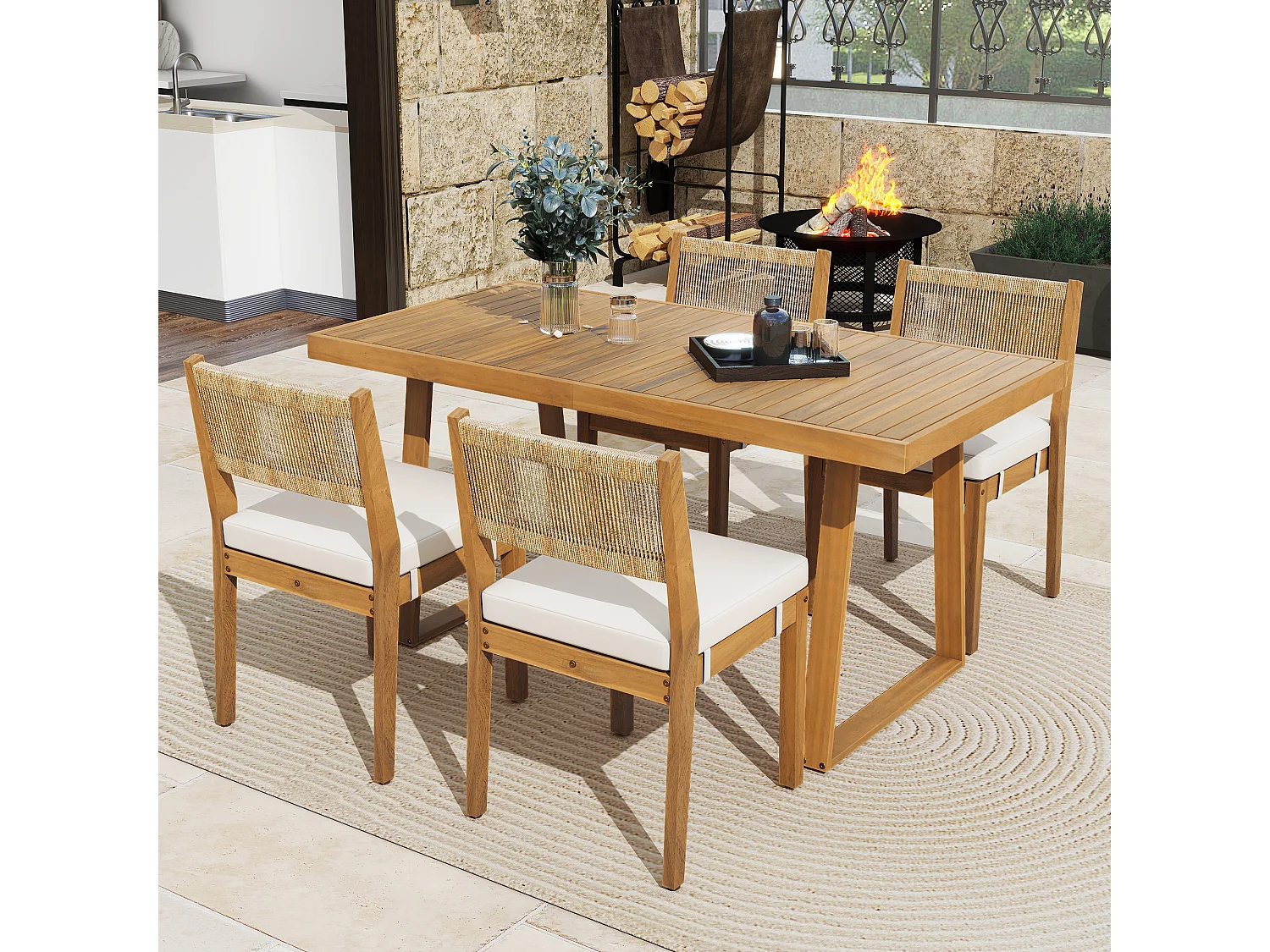 Ensemble table à manger et 4 chaises de jardin - Bois d'acacia et dossier en rotin PE - Naturel + blanc crème