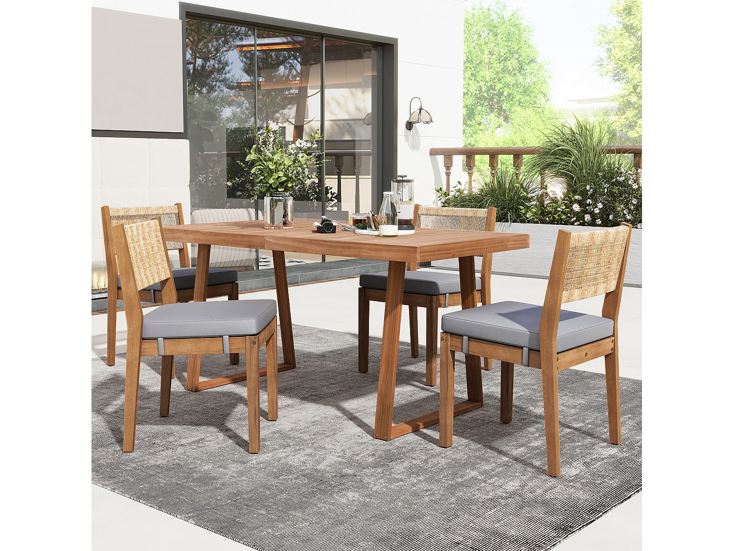 Eettafel en 4 tuinstoelen set - Acacia hout en PE rotan rugleuning - voor terras, tuin en balkon - Naturel + grijs