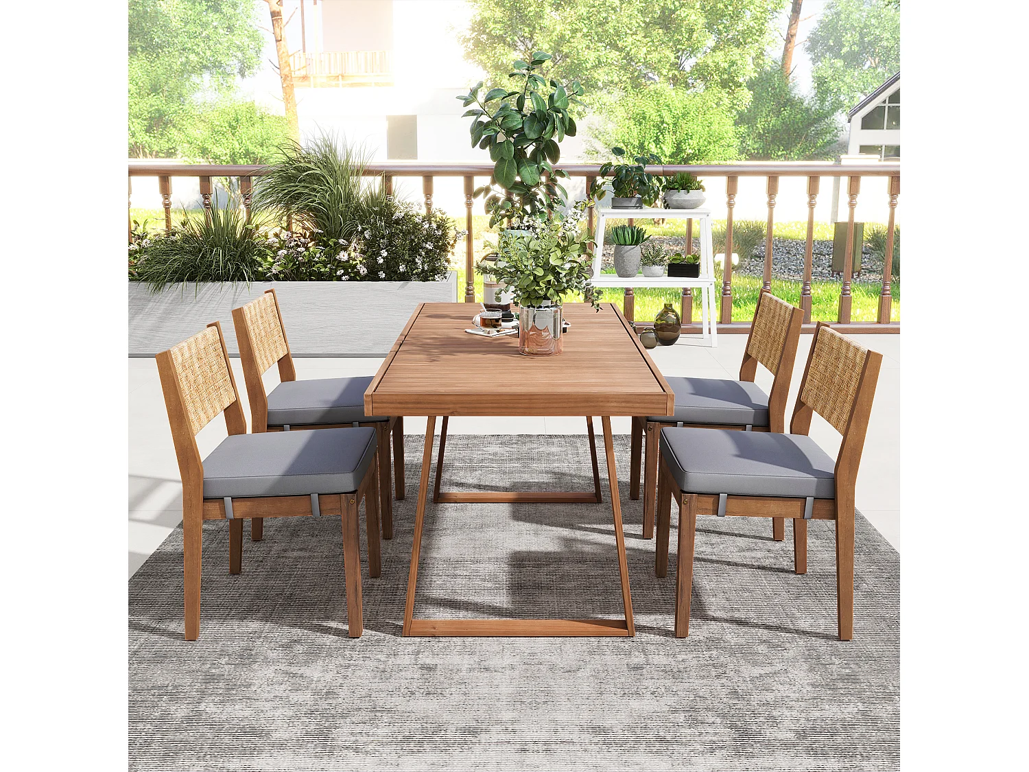 Eettafel en 4 tuinstoelen set - Acacia hout en PE rotan rugleuning - voor terras, tuin en balkon - Naturel + grijs