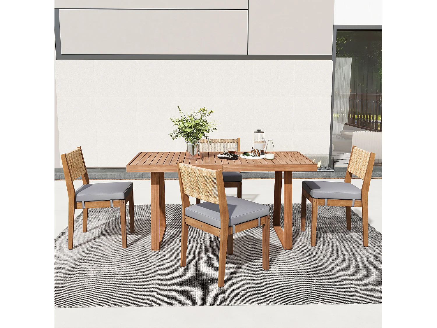Eettafel en 4 tuinstoelen set - Acacia hout en PE rotan rugleuning - voor terras, tuin en balkon - Naturel + grijs
