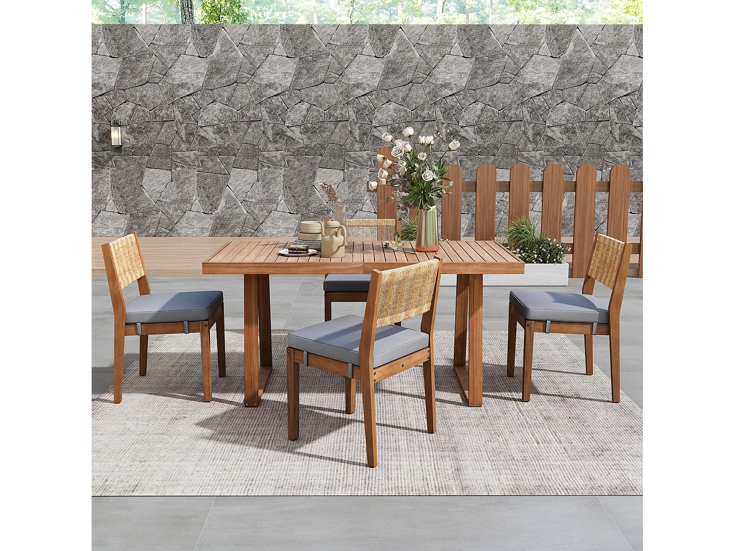 Eettafel en 4 tuinstoelen set - Acacia hout en PE rotan rugleuning - voor terras, tuin en balkon - Naturel + grijs
