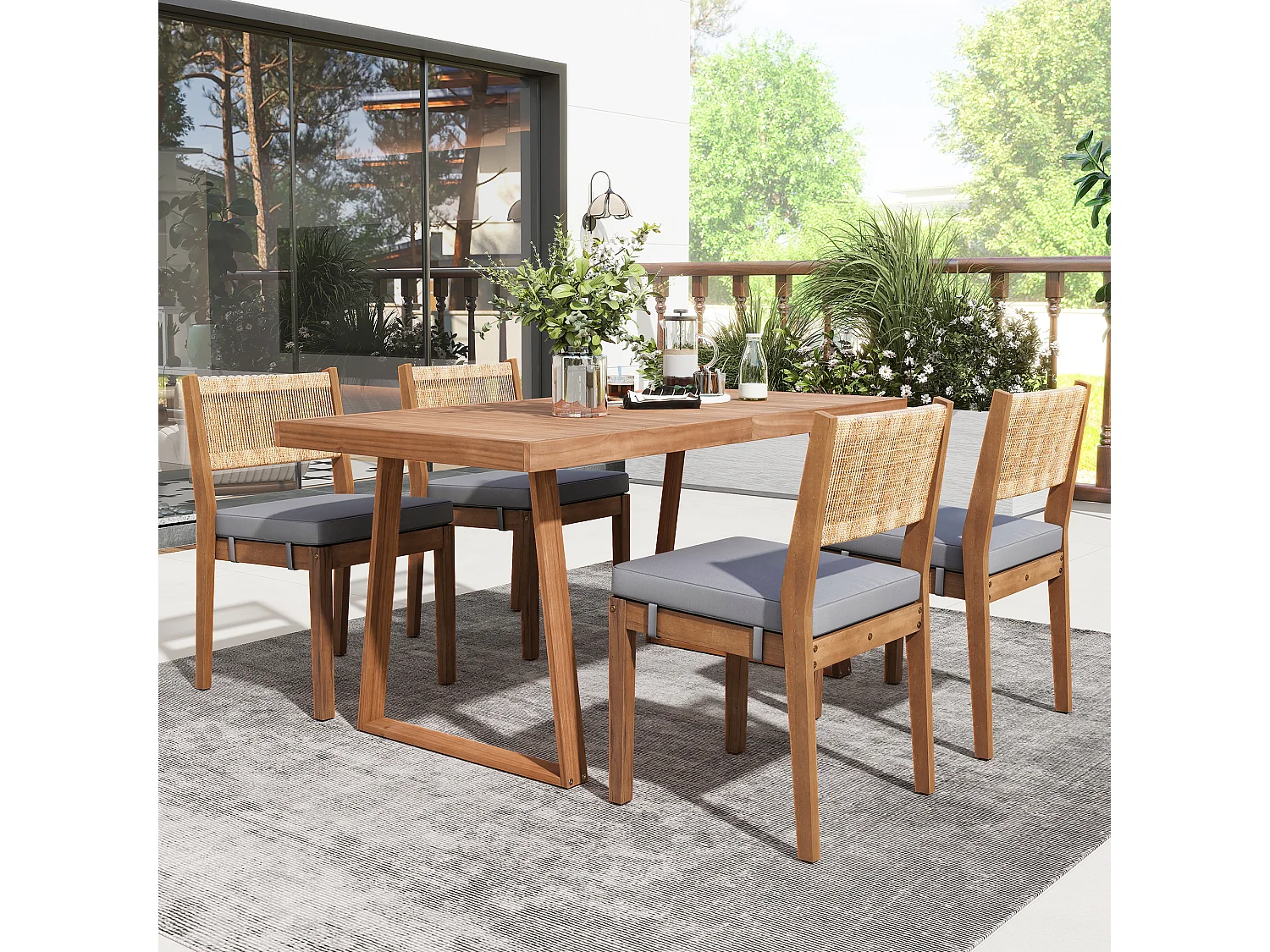 Eettafel en 4 tuinstoelen set - Acacia hout en PE rotan rugleuning - voor terras, tuin en balkon - Naturel + grijs