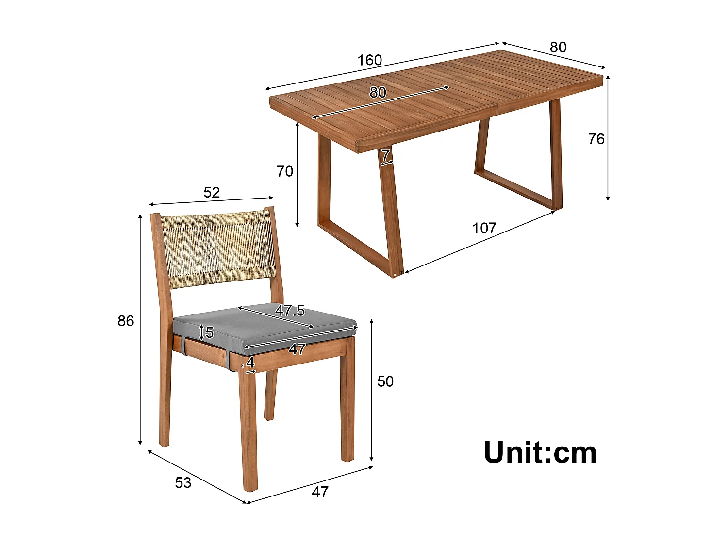 Eettafel en 4 tuinstoelen set - Acacia hout en PE rotan rugleuning - voor terras, tuin en balkon - Naturel + grijs