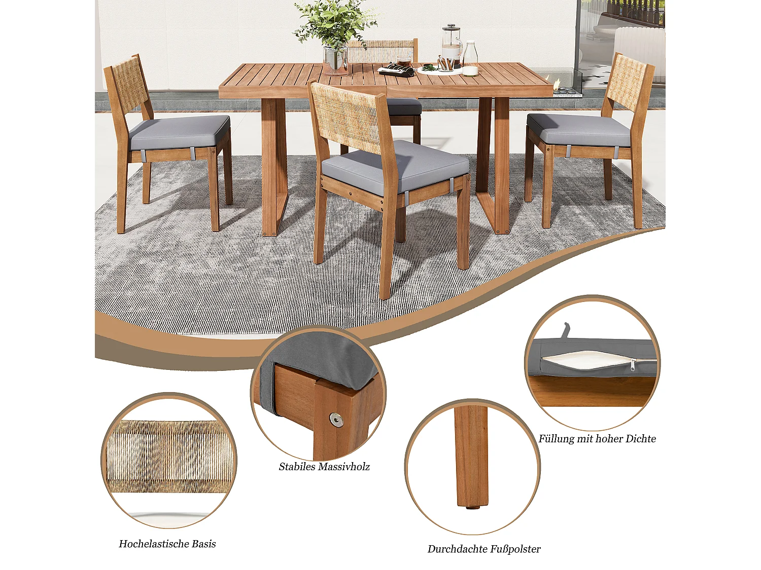 Eettafel en 4 tuinstoelen set - Acacia hout en PE rotan rugleuning - voor terras, tuin en balkon - Naturel + grijs