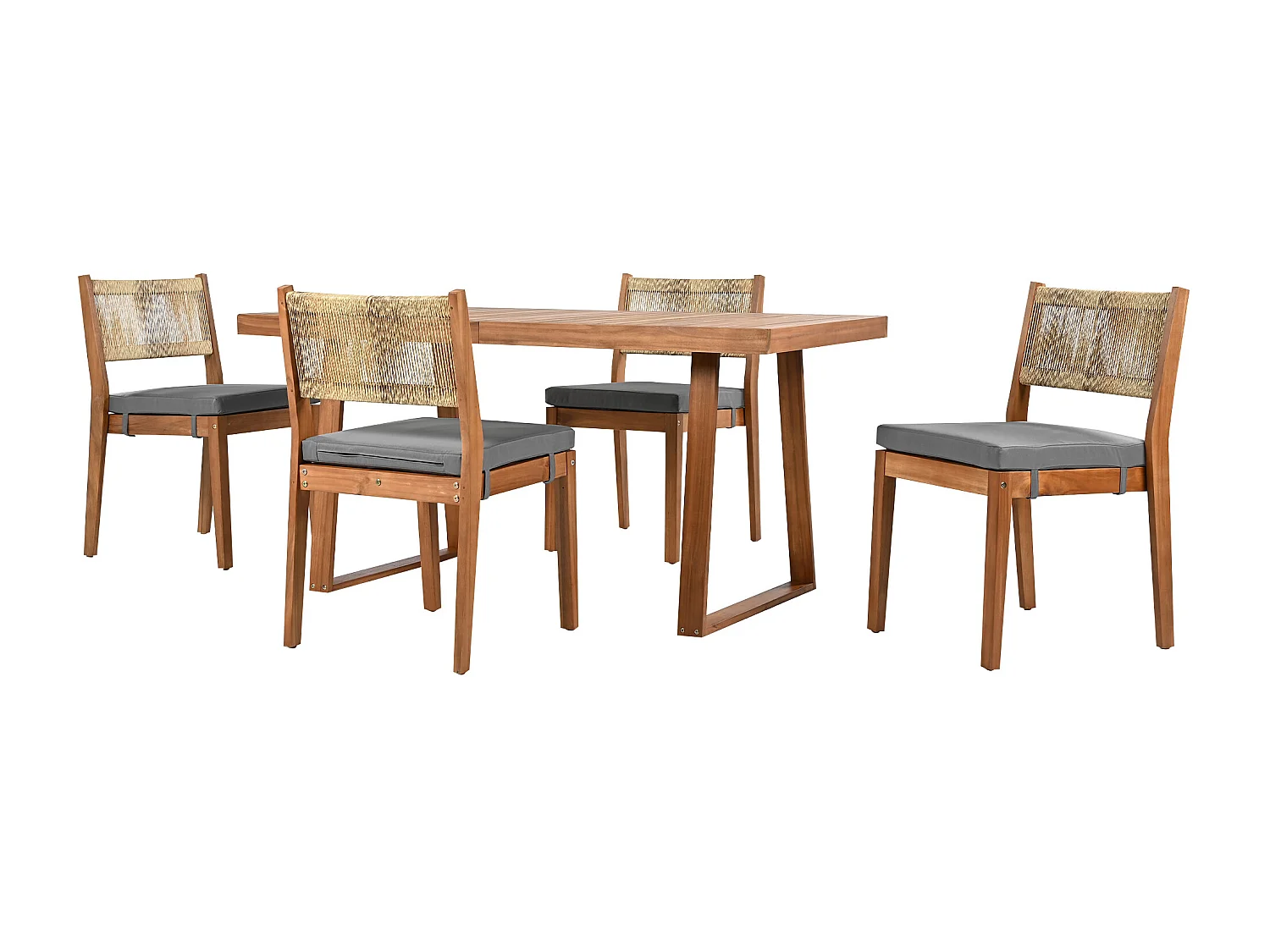 Eettafel en 4 tuinstoelen set - Acacia hout en PE rotan rugleuning - voor terras, tuin en balkon - Naturel + grijs
