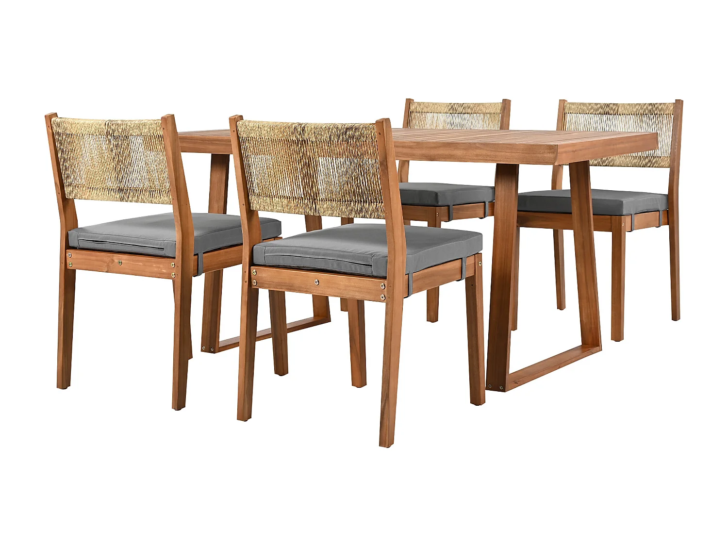 Eettafel en 4 tuinstoelen set - Acacia hout en PE rotan rugleuning - voor terras, tuin en balkon - Naturel + grijs