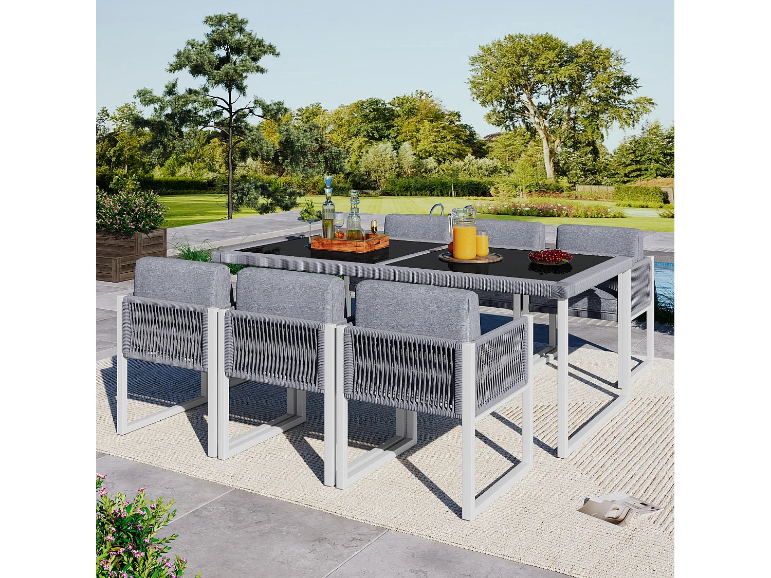 Zestaw ogrodowy stół jadalny i 6 krzeseł - ocynkowana stal, lina i szkło hartowane - szary + biały