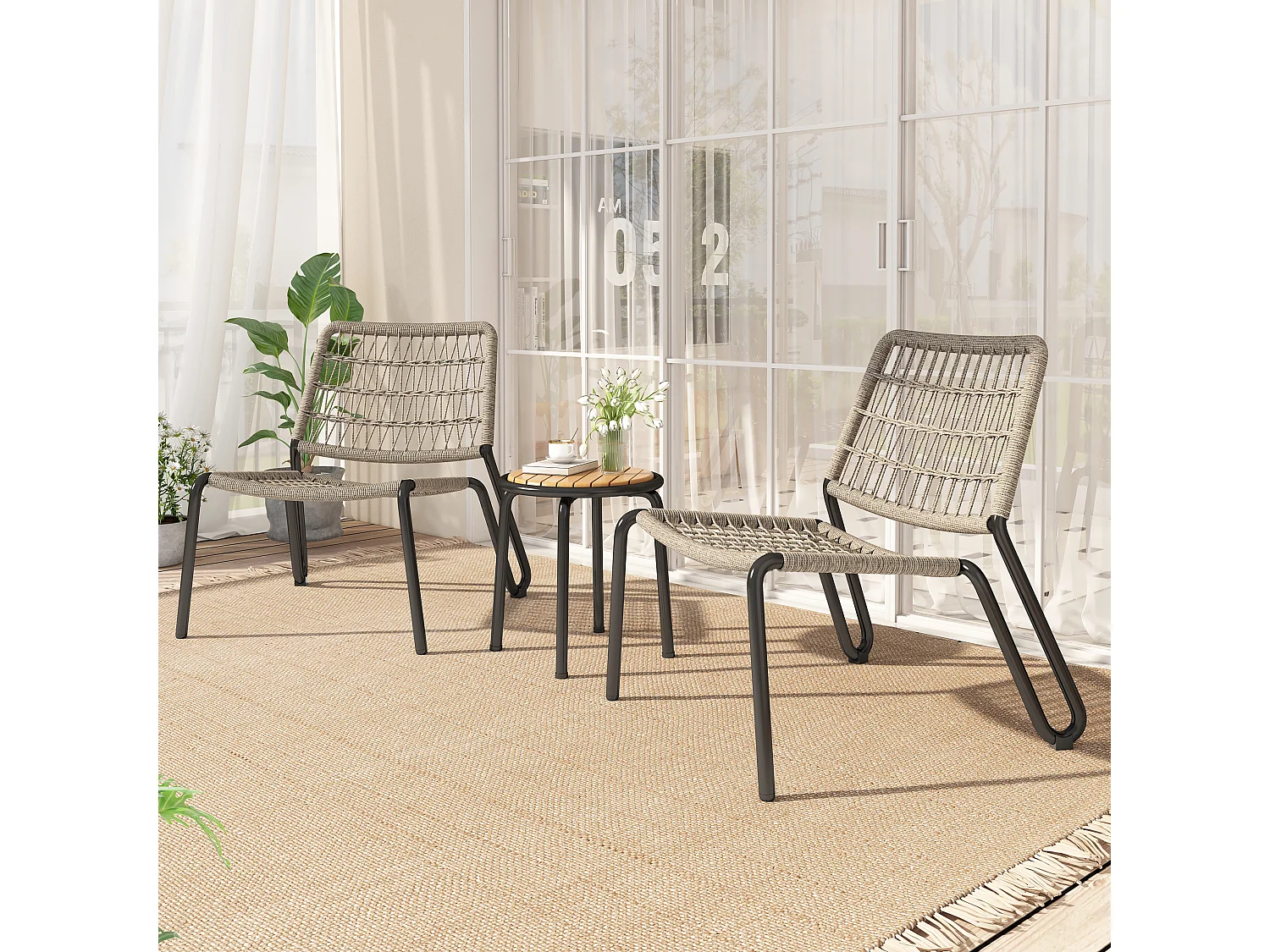 Tuintafel en 2 stoelen set - Gegalvaniseerd staal, touw en massief hout - voor terras, tuin en balkon - Beige