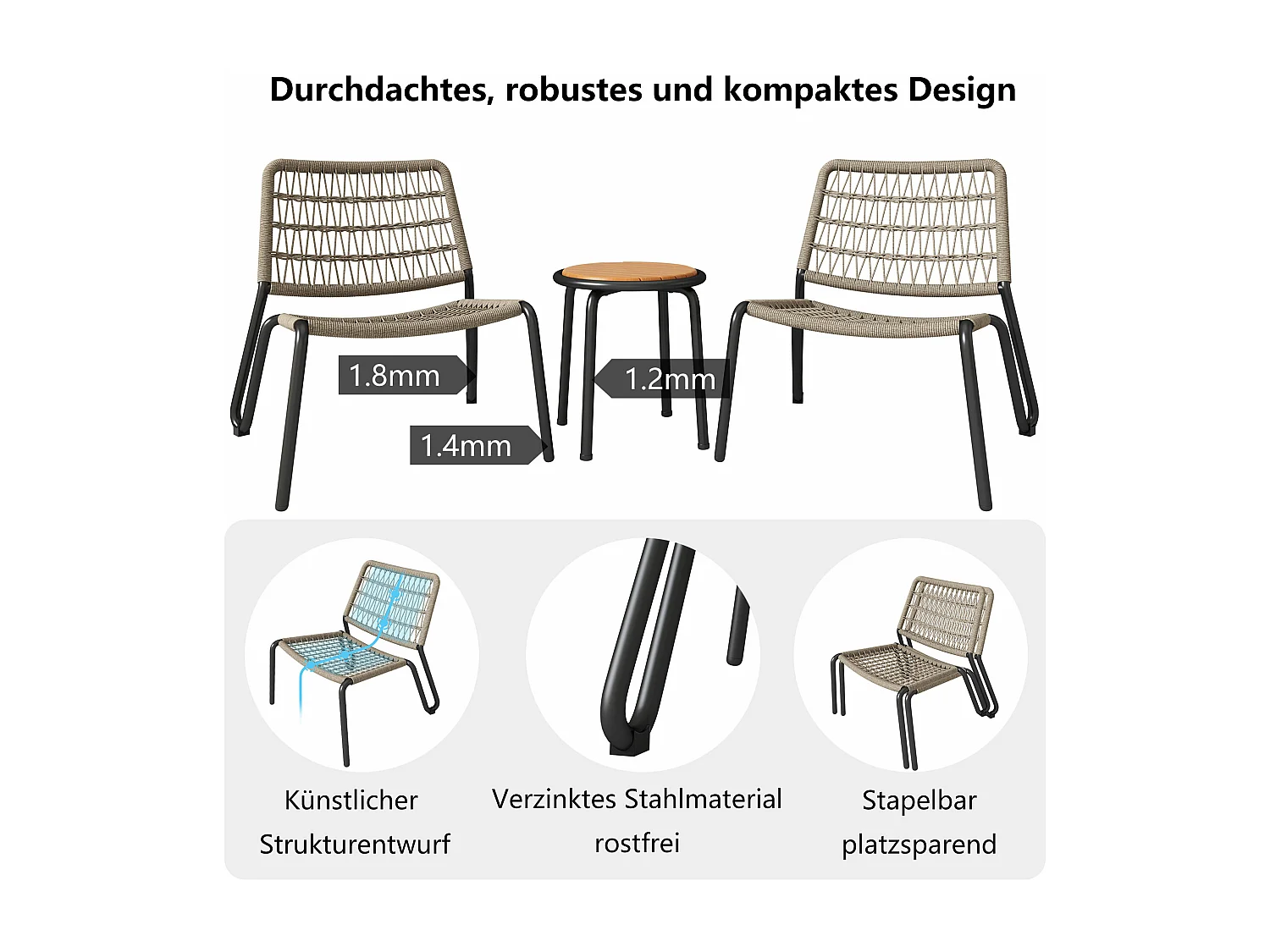 Tuintafel en 2 stoelen set - Gegalvaniseerd staal, touw en massief hout - voor terras, tuin en balkon - Beige