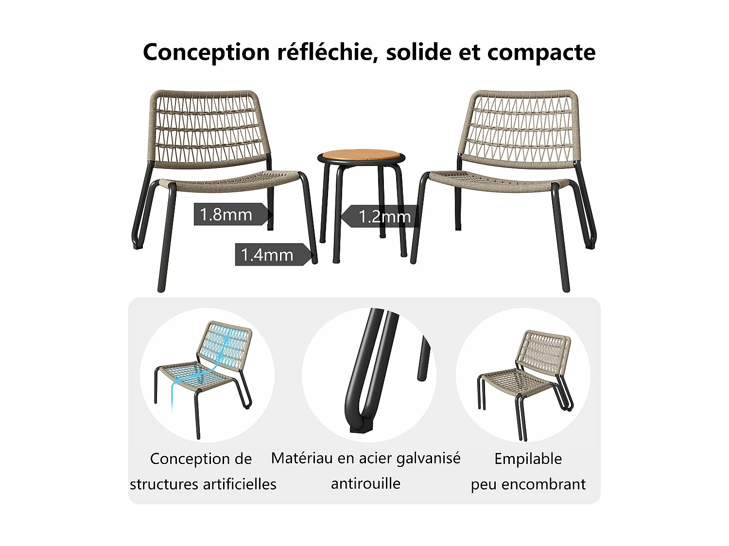 Tuintafel en 2 stoelen set - Gegalvaniseerd staal, touw en massief hout - voor terras, tuin en balkon - Beige