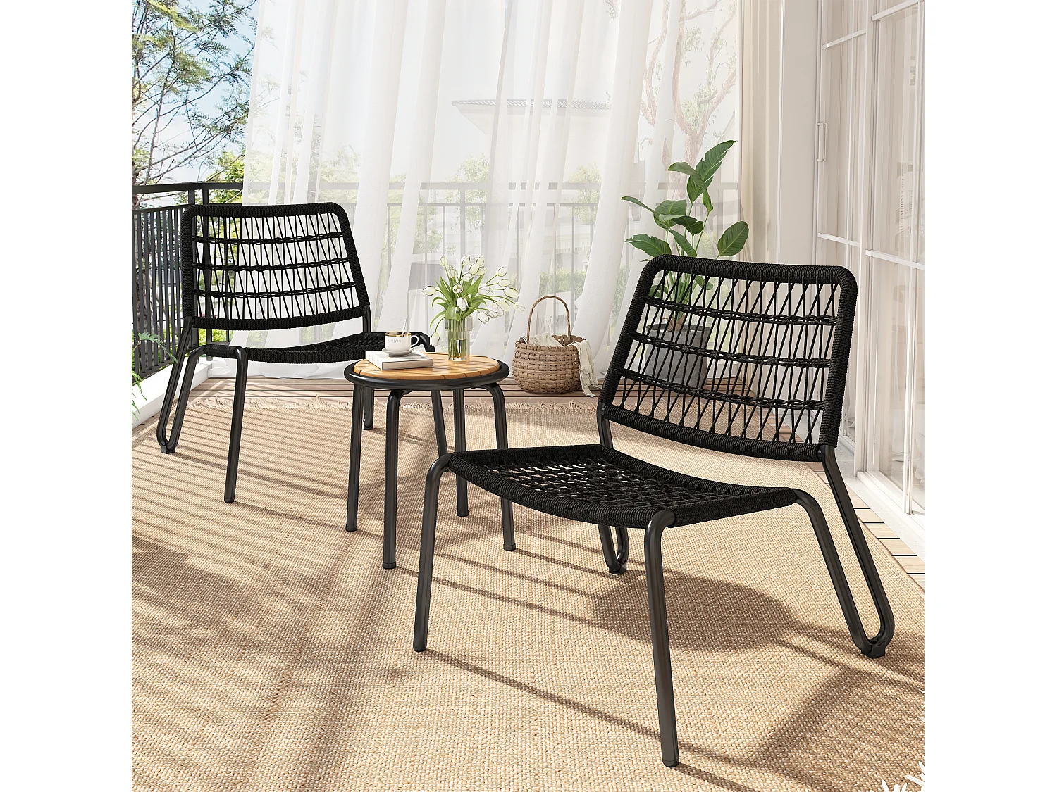 Tuintafel en 2 stoelen set - Gegalvaniseerd staal, touw en massief hout - voor terras, tuin en balkon - Zwart