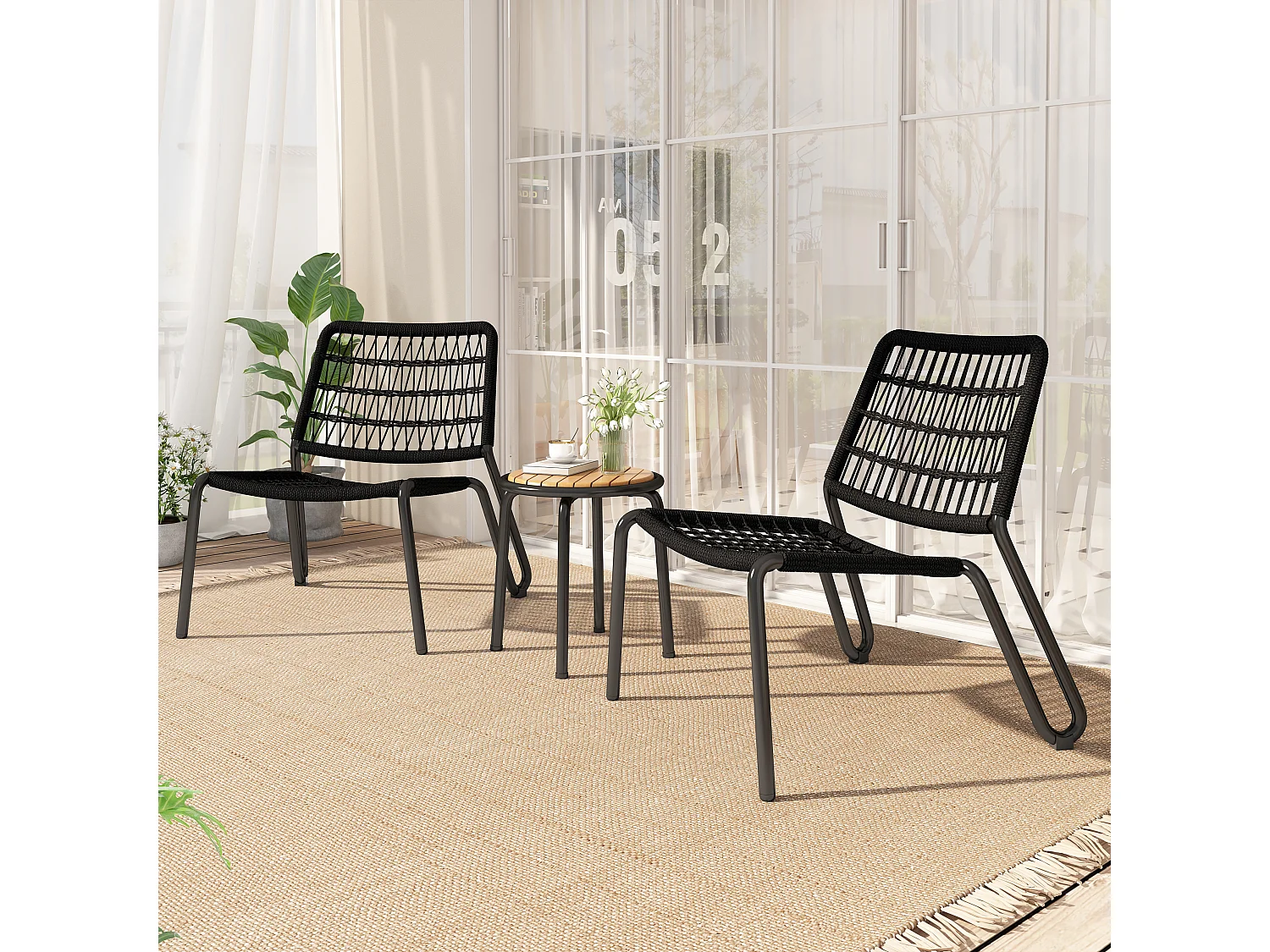 Tuintafel en 2 stoelen set - Gegalvaniseerd staal, touw en massief hout - voor terras, tuin en balkon - Zwart