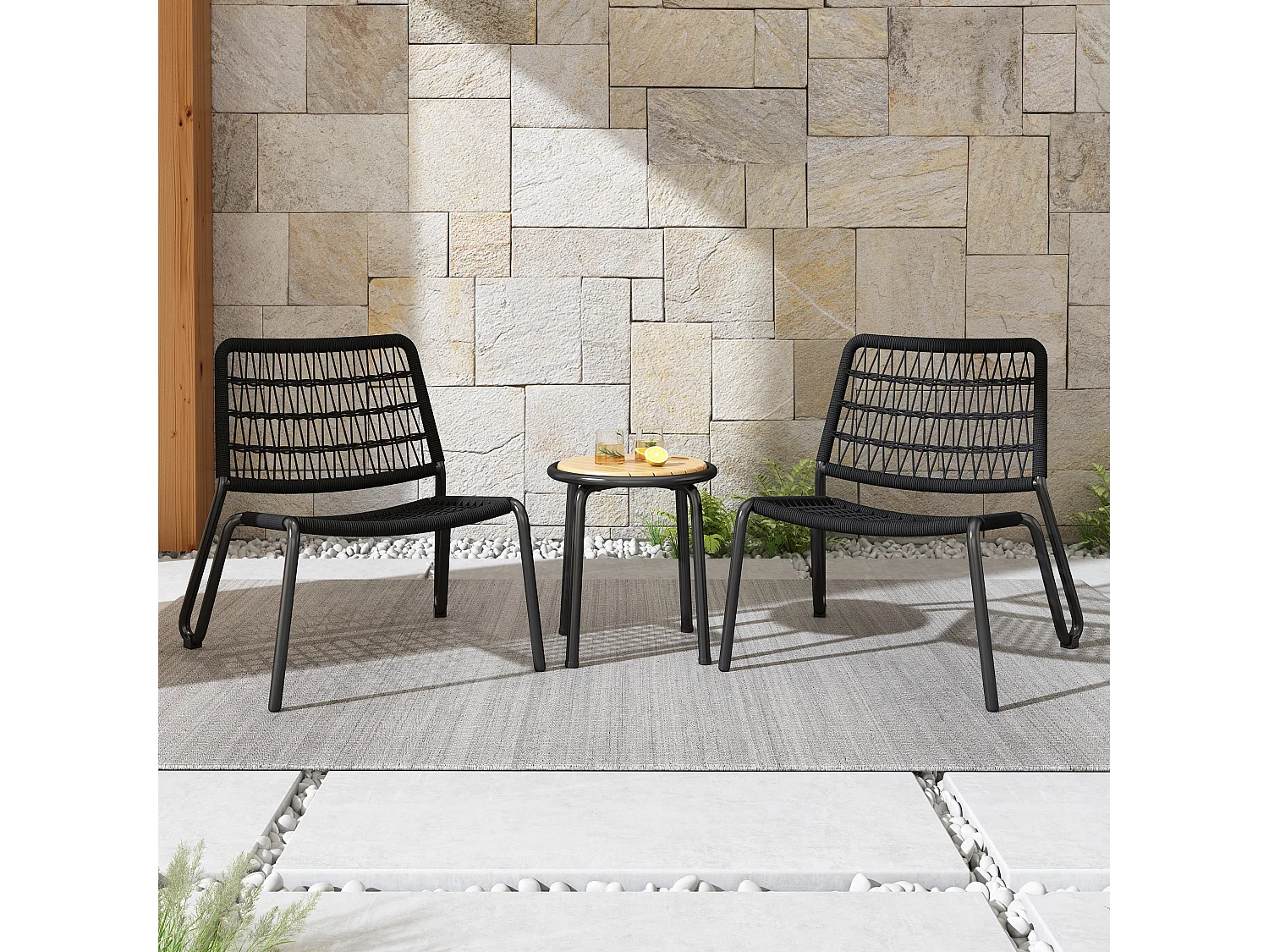 Ensemble table et 2 chaises de jardin - Acier galvanisé, corde et bois massif - pour terrasse, jardin et balcon - Noir