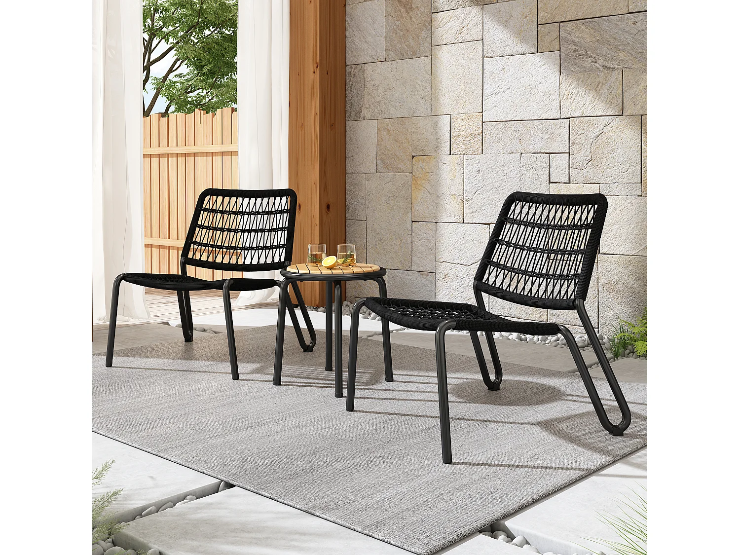 Ensemble table et 2 chaises de jardin - Acier galvanisé, corde et bois massif - pour terrasse, jardin et balcon - Noir