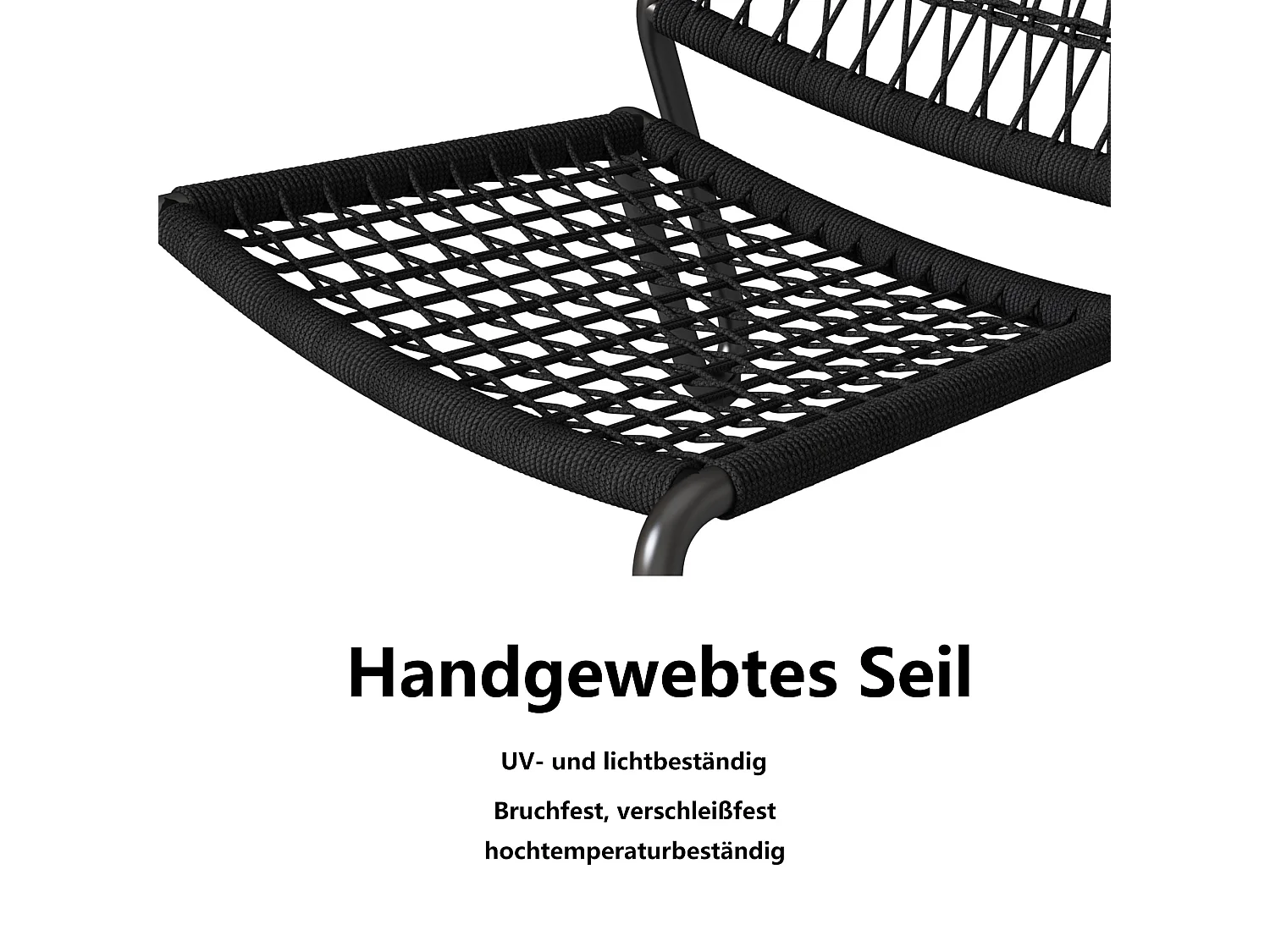 Ensemble table et 2 chaises de jardin - Acier galvanisé, corde et bois massif - pour terrasse, jardin et balcon - Noir