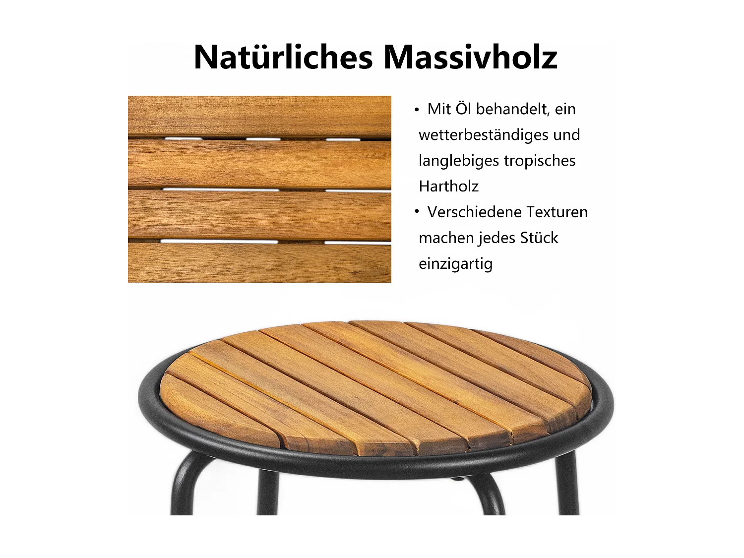 Ensemble table et 2 chaises de jardin - Acier galvanisé, corde et bois massif - pour terrasse, jardin et balcon - Noir