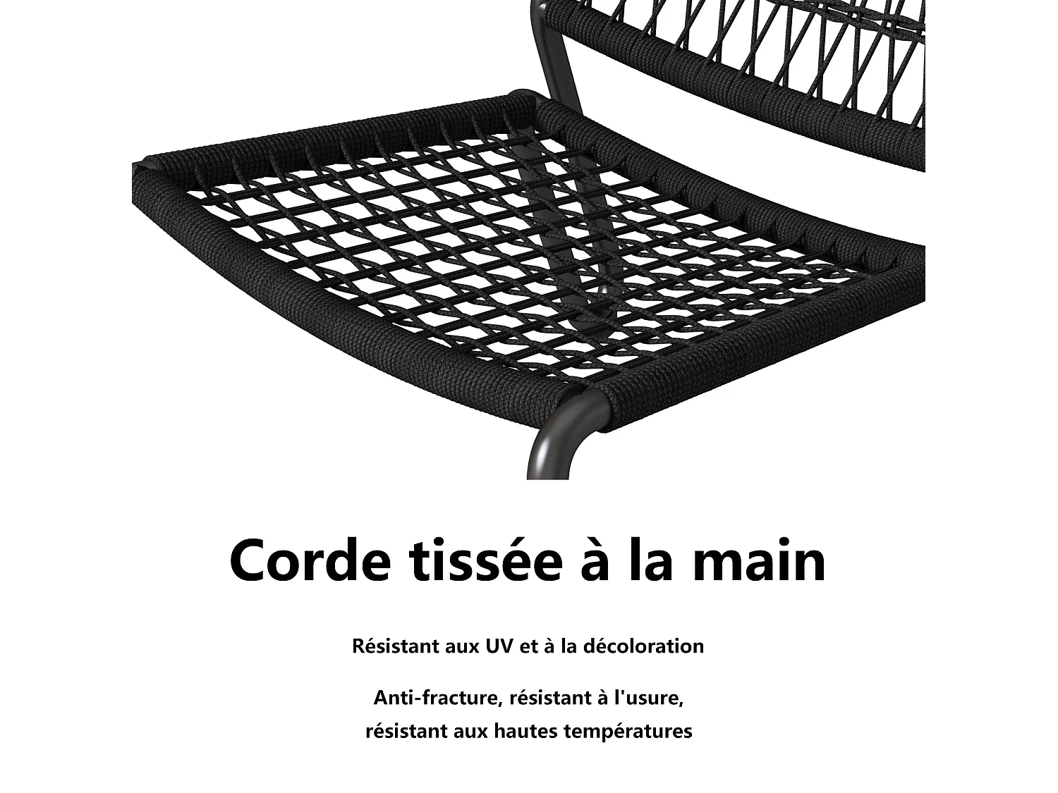 Ensemble table et 2 chaises de jardin - Acier galvanisé, corde et bois massif - pour terrasse, jardin et balcon - Noir