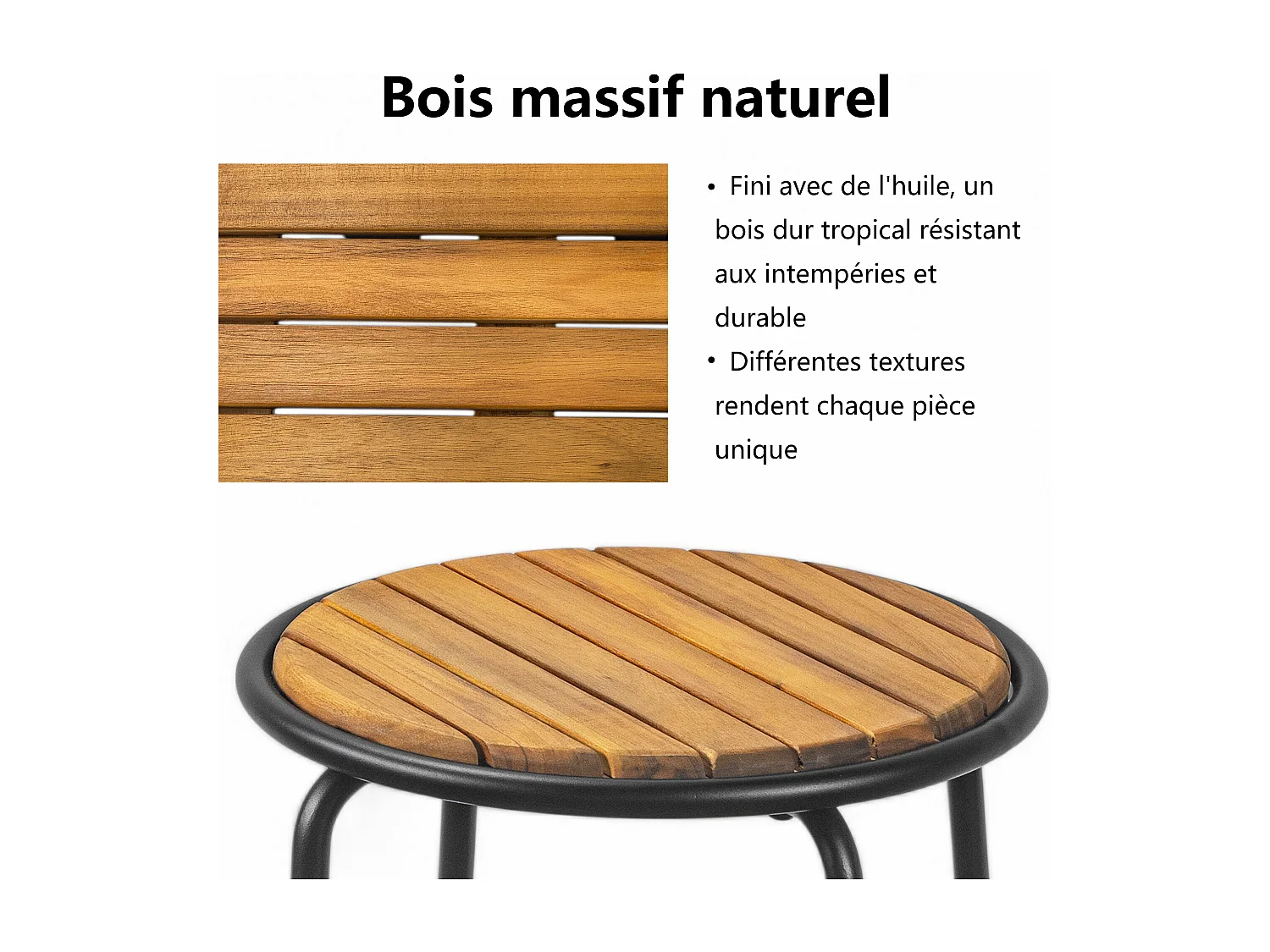 Ensemble table et 2 chaises de jardin - Acier galvanisé, corde et bois massif - pour terrasse, jardin et balcon - Noir