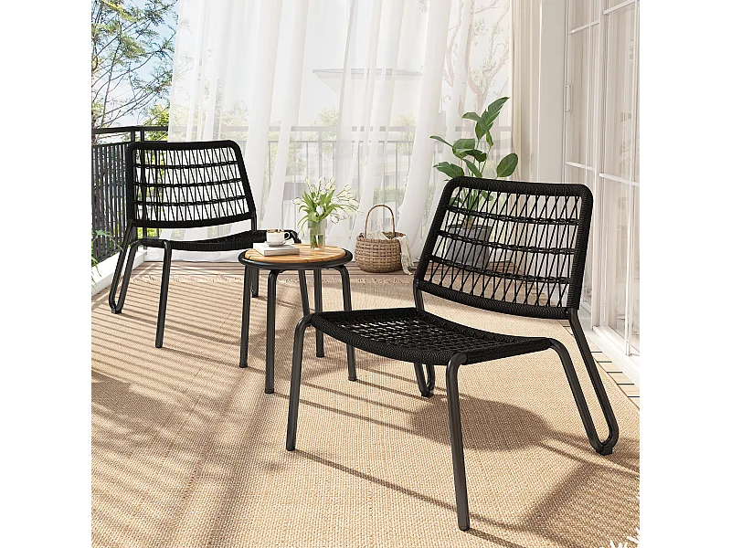 Tuintafel en 2 stoelen set - Gegalvaniseerd staal, touw en massief hout - voor terras, tuin en balkon - Zwart